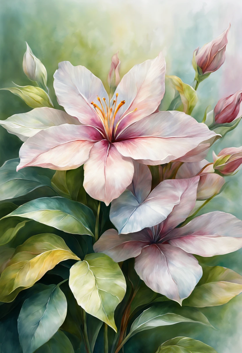 (best quality, 4k, 8k, high resolution, masterpiece: 1.2), ultra detailed, (realistic, photorealistic, photorealistic: 1.37),watercolor flowers painting,vibrant colors,soft and delicate petals,subtle brushstrokes,detailed leaves and stems,beautifully blended colors,realistic water reflections,tranquil garden setting,natural lighting,nature-inspired artwork,botanical illustration,aesthetic composition,expressive brushwork,medium-sized canvas,professional artistry,artistic creativity,artistic finesse,impressionistic style,harmonious color palette,textured paper background,evokes a sense of serenity and beauty,visually captivating masterpiece