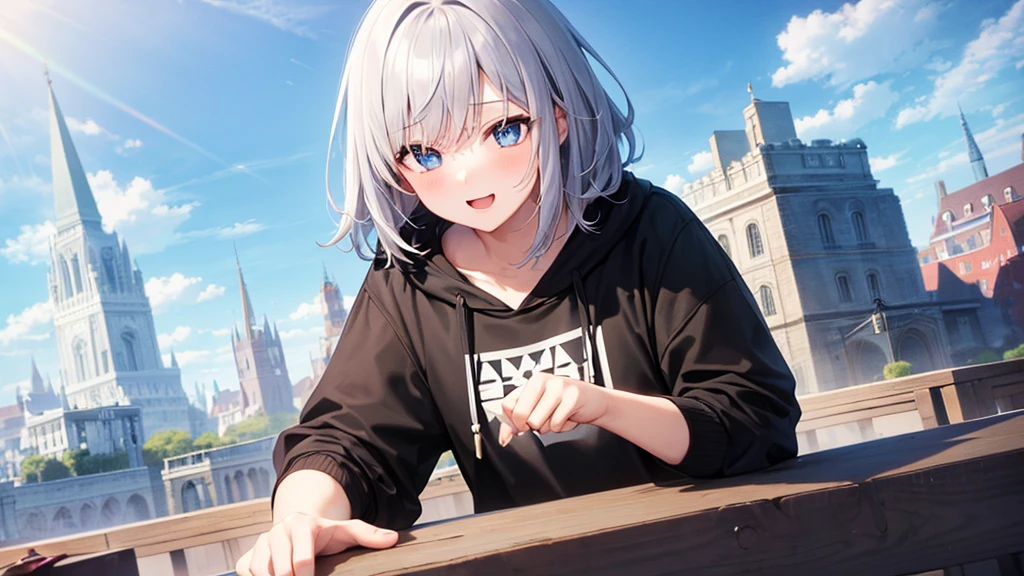 super high quality, with a girl, 20-year-old, very short hair, long bangs between the eyes, pale blue eyes , blue sky, sunlight, very detailed,(masterpiece、highest quality)、alone、gray hair、laughter、fantasy, silver hair, black eye, beautiful eyes,, ecstasy, charm, be smitten with audience, fantasyな風景、white hoodie、black shirt