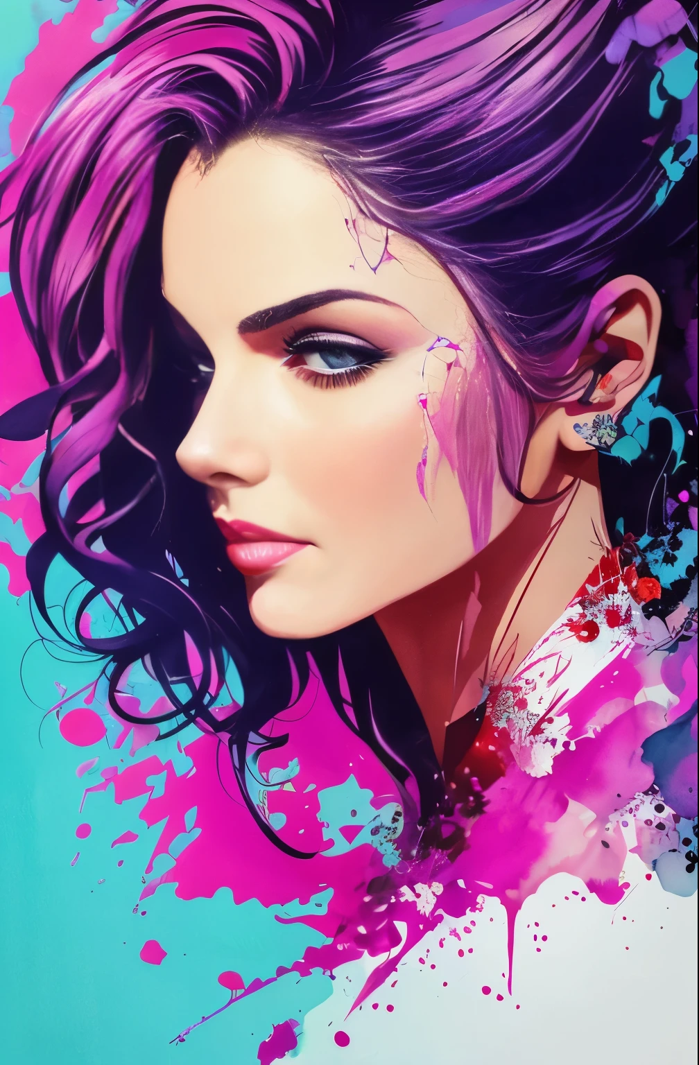 Painting of a woman with a magenta and white face, Sylvia Pelissero watercolors, tumbler, figurative art, Intense watercolor painting, watercolor detailed art, Watercolor Splash, surreal, Avant-garde pop art, Beautiful and expressive paintings, Beautiful artwork illustration, very colorful tones, wonderful, cool beauty, highest quality,official art, women only, sharp outline, best shot, vector art, Written by Sandra Chevrier, Dave McKean、by Richard Avedon、Written by Makiezi Kusiala