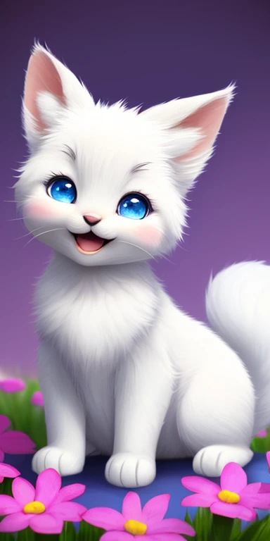 A kitten with a small tail, a small nose, small ears, blue eyes, purple background, flowers, vases, dreams, open mouth, smile, Caroline Chariot-Dayez pastels, tumblr, furry art, elokitty, Disney's Bambi, Disney's styled furry, ears floating, fluffy tail, fluffy '', fluffy !!!, high resolution, furry art!!! Small size