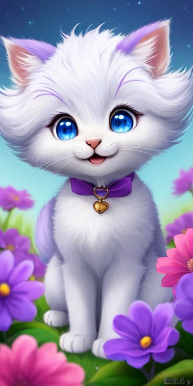 A kitten with a small tail, a small nose, small ears, blue eyes, purple background, flowers, vases, dreams, open mouth, smile, Caroline Chariot-Dayez pastels, tumblr, furry art, elokitty, Disney's Bambi, Disney's styled furry, ears floating, fluffy tail, fluffy '', fluffy !!!, high resolution, furry art!!! Small size