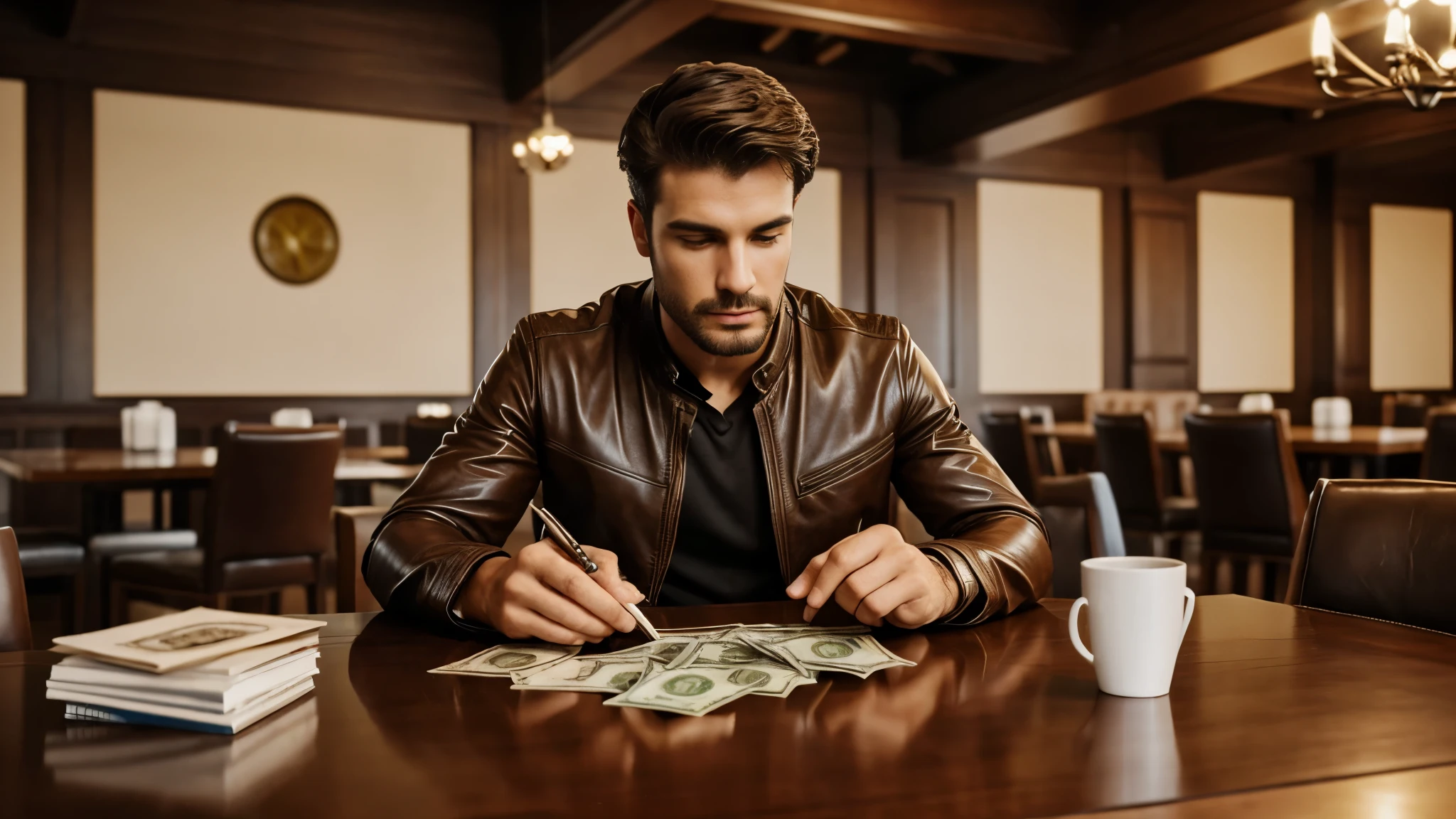 1 guy sits in a chair at a table with money, There is money on the table, High quality leather texture, high detail