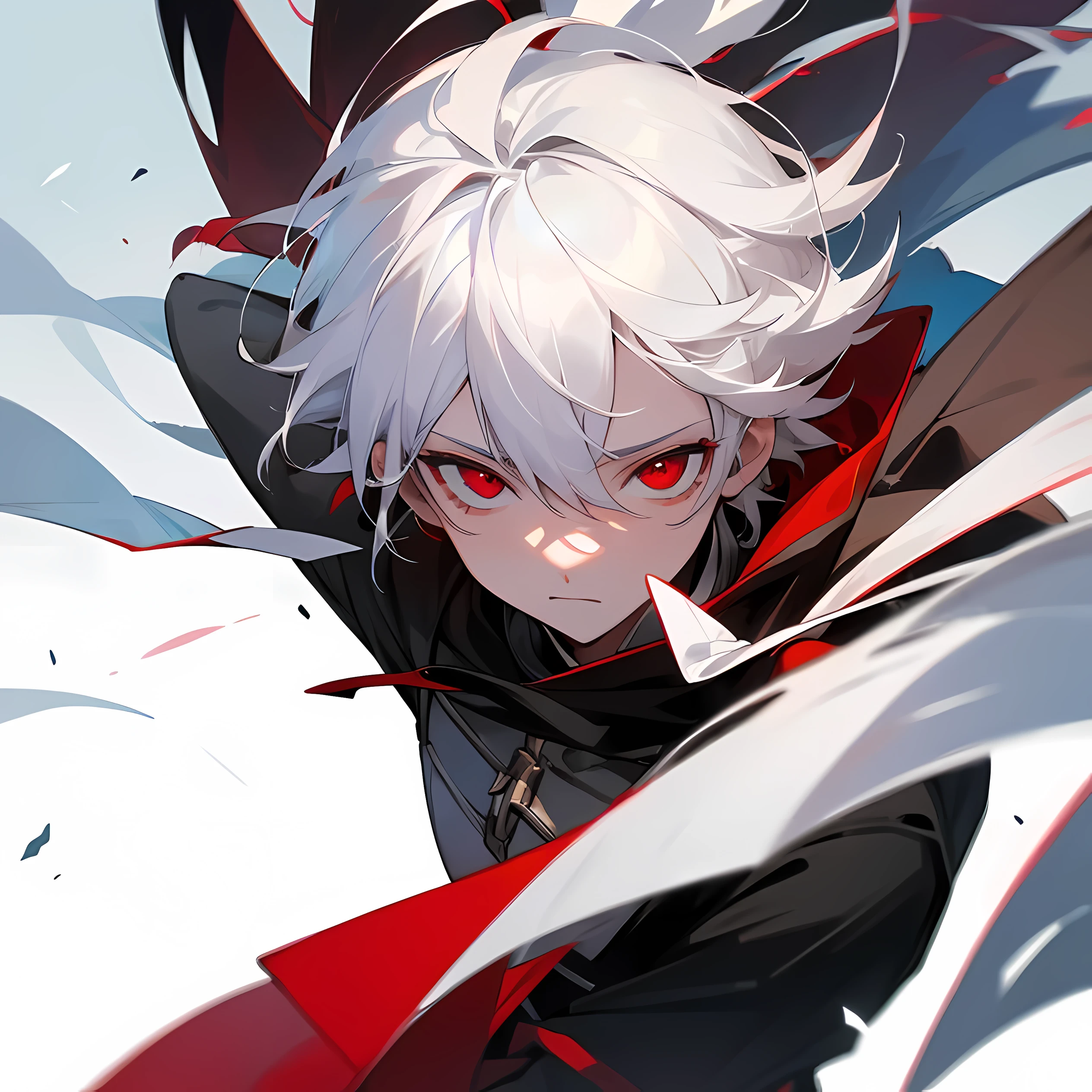 A boy with white hair and red eyes that's controlling the wind. Masterpiece, 8k, highly detailed