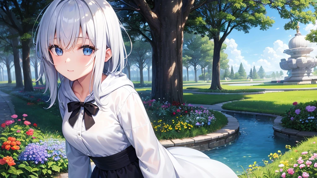 super high quality, with a girl, 20-year-old, very short hair, long bangs between the eyes, pale blue eyes , blue sky, sunlight, very detailed,(masterpiece、highest quality)、alone、gray hair、laughter、White skin as clear as snow、fantasy, silver hair, black eye, beautiful eyes,, ???????, charm, be smitten with audience, landscape shorts、white hoodie、Hoodie with open front、black shirt、fountain in the forest、flower garden