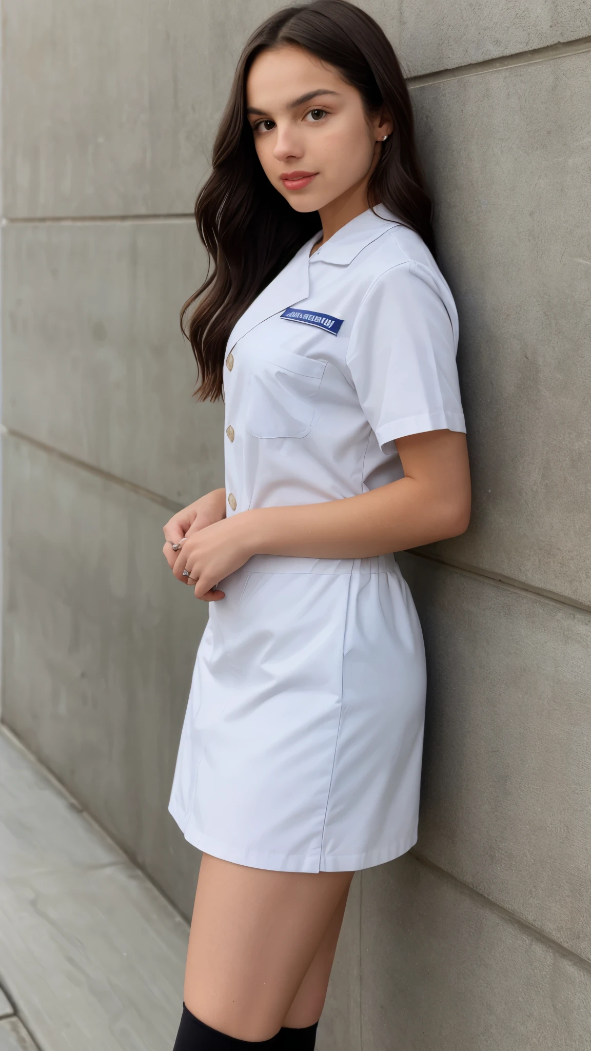 Olivia Rodrigo, 13 years old, long hair: 1.3, nurse uniform, tights, light skin, photorealistic