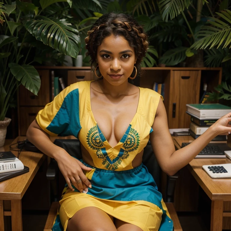 A Brazilian mulatto is a person with a rich ethnic heritage, often exhibiting a combination of African and European ancestry, with a range of skin tones and a vibrant culture that celebrates Brazil's racial and ethnic diversity, dressed in dress with colors of nature and the colors of the Amazon forest sitting behind a desk like a president and her hands come together and place on the desk.