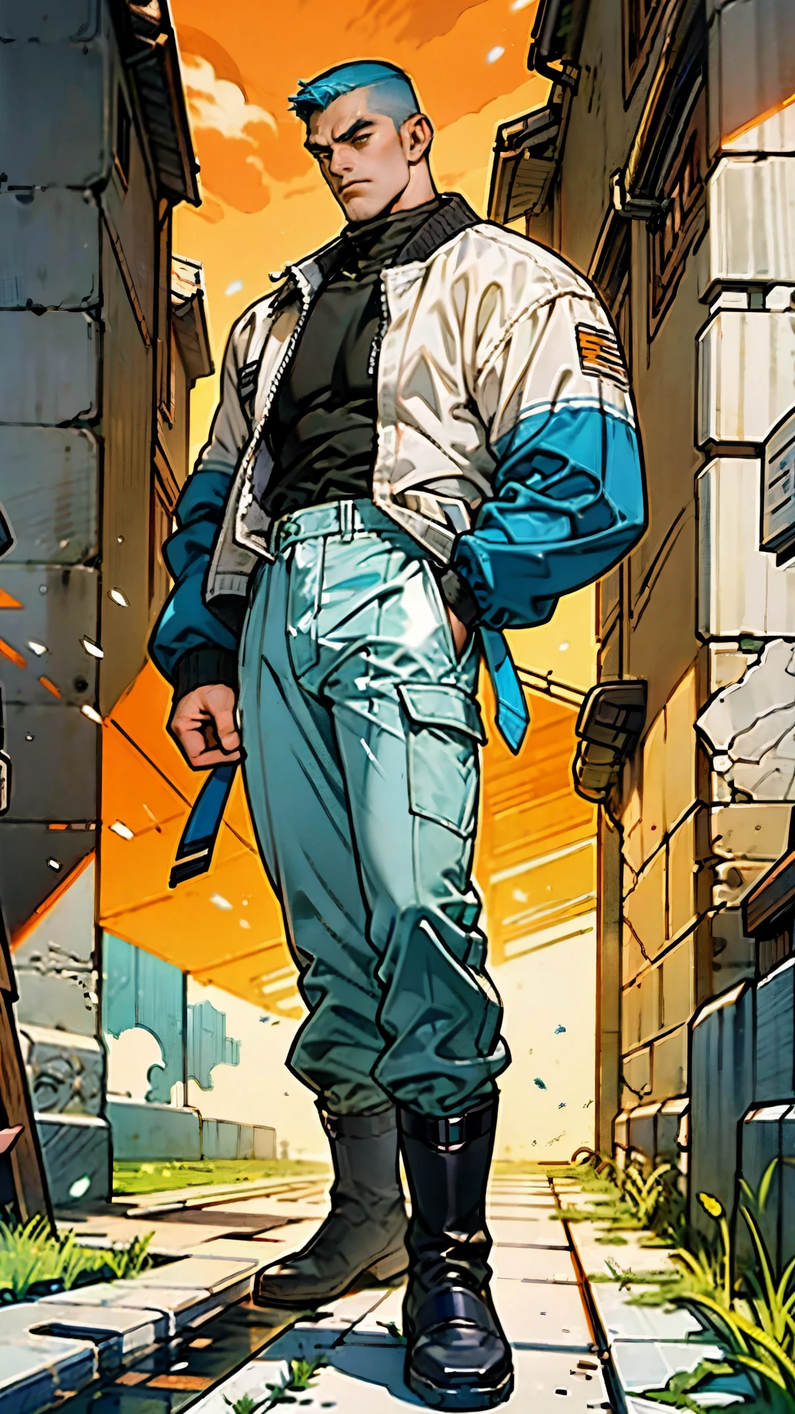 In the backdrop of an ancient fantasy-reality setting, a youth sporting a platinum crew cut displays a piercing gaze and confident demeanor. Adorned in a two-piece fusion outfit, seamlessly blending Western and Eastern influences, he wears a snug dark top paired with a vibrant yellow-blue short jacket. The lower half features loose white utility pants, and his sturdy long boots echo through the corridors of an antiquated architectural landscape. The overall aesthetic captures the essence of a refined and mature anime-inspired rogue, symmetrical face, extremely detailed eyes and face, high quality eyes, high definition, highres, ultra-fine painting, exquisite and mature, extremely delicate, professional, anatomically correct, creativity, UHD, HDR, 32k, Natural light, cinematic lighting, best shadow, masterpiece-anatomy-perfect, best quality, masterpiece, ultra-detailed