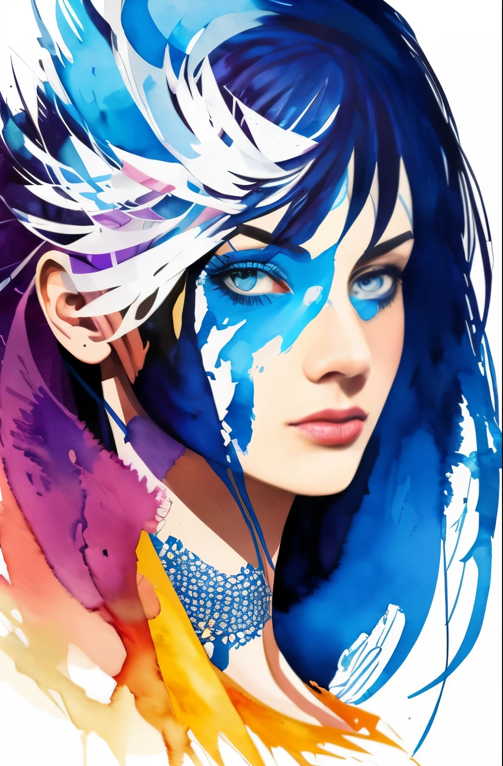 painting of a woman with a blue and white face, Sylvia Pelissero watercolors, tumbler, figurative art, Intense watercolor painting, watercolor detailed art, Watercolor Splash, surreal, Avant-garde pop art, Beautiful and expressive paintings, Beautiful artwork illustration, very colorful tones, wonderful, cool beauty, highest quality,official art, women only, sharp outline, best shot, vector art, Written by Sandra Chevrier, Dave McKean、by Richard Avedon、Written by Makiezi Kusiala