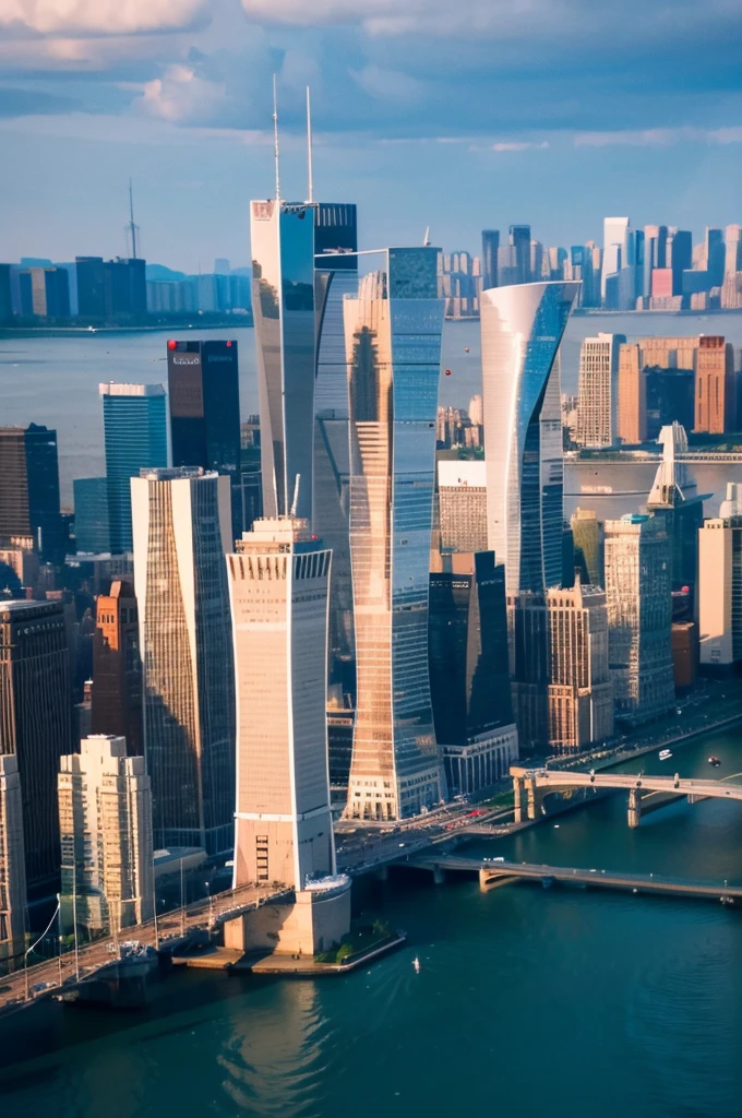 skyline of new york, manhattan, atardecer, realista, 8k, imagen desde un helicoptero