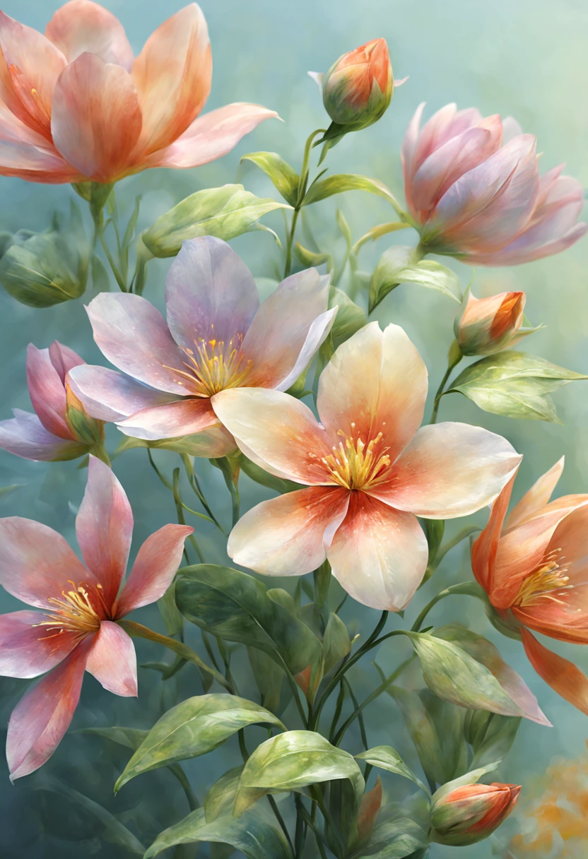 (best quality, 4k, 8k, high resolution, masterpiece: 1.2), ultra detailed, (realistic, photorealistic, photorealistic: 1.37),watercolor flowers painting,vibrant colors,soft and delicate petals,subtle brushstrokes,detailed leaves and stems,beautifully blended colors,realistic water reflections,tranquil garden setting,natural lighting,nature-inspired artwork,botanical illustration,aesthetic composition,expressive brushwork,medium-sized canvas,professional artistry,artistic creativity,artistic finesse,impressionistic style,harmonious color palette,textured paper background,evokes a sense of serenity and beauty,visually captivating masterpiece