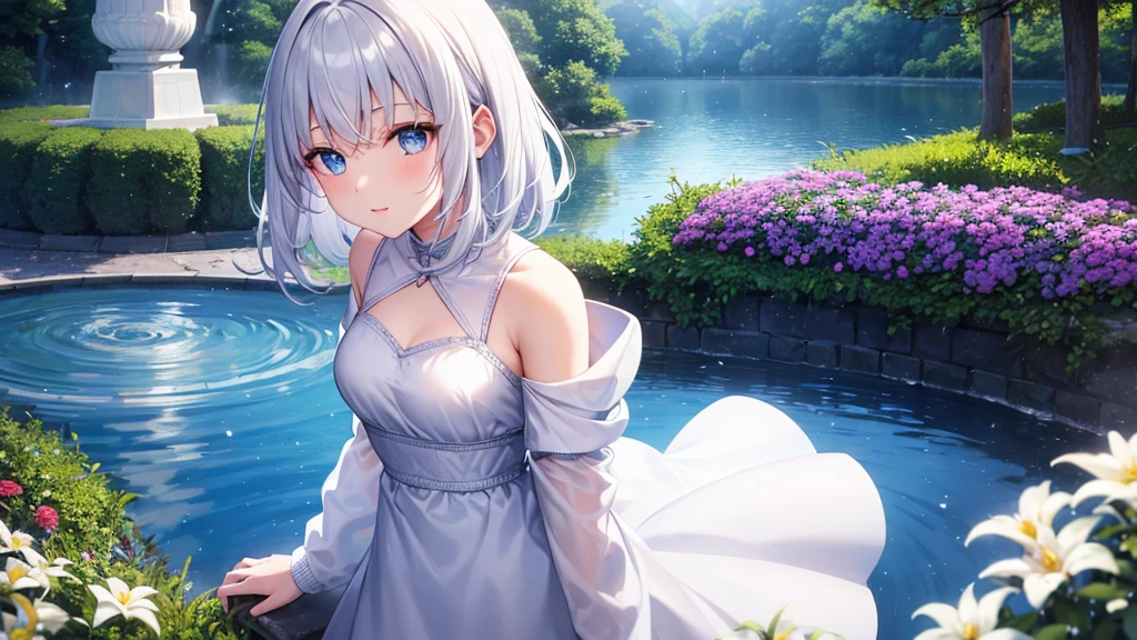 Ultra HD,Look at the viewers, Put your hands behind your back, With a girl, 20-year-old, 非常にShort Hair, Long bangs between the eyes, Pale blue eyes, Very detailed,(masterpiece、Highest quality),Gray Hair、Laughter、Fantastic, Silver Hair, Iris, Short hair、 Fluttering Hair、Small Face、明るいsmile、(Detailed face) ,Professional Lighting,Wonderful landscape,blue sky, sunlight,Looking down from above,Portraiture、Open your mouth、Flower Field、Her eyes were shining、Mysterious and enchanting atmosphere。With AI Painting、とてもShort Hair, Long bangs between the eyes, Very detailed,(masterpiece、Highest quality)、alone、Gray Hair、Fantasy, Silver Hair, Fantasyな風景、White shirt、smile、Open your mouth、short hair、Short Hair、hairpin、black eye、Grey Eyes、Beautiful Eyes、