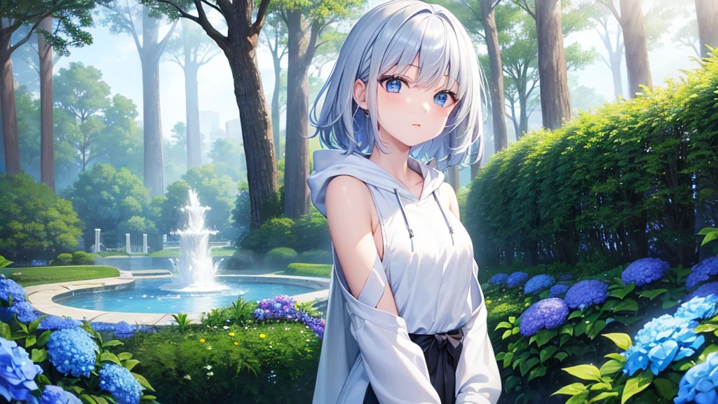 super high quality, with a girl, 20-year-old, very short hair, long bangs between the eyes, pale blue eyes , blue sky, sunlight, very detailed,(masterpiece、highest quality)、alone、gray hair、laughter、White skin as clear as snow、fantasy, silver hair, black eye, beautiful eyes,, ecstasy, charm, be smitten with audience, landscape shorts、white hoodie、Hoodie with open front、black shirt、fountain in the forest、flower garden、show your shoulders