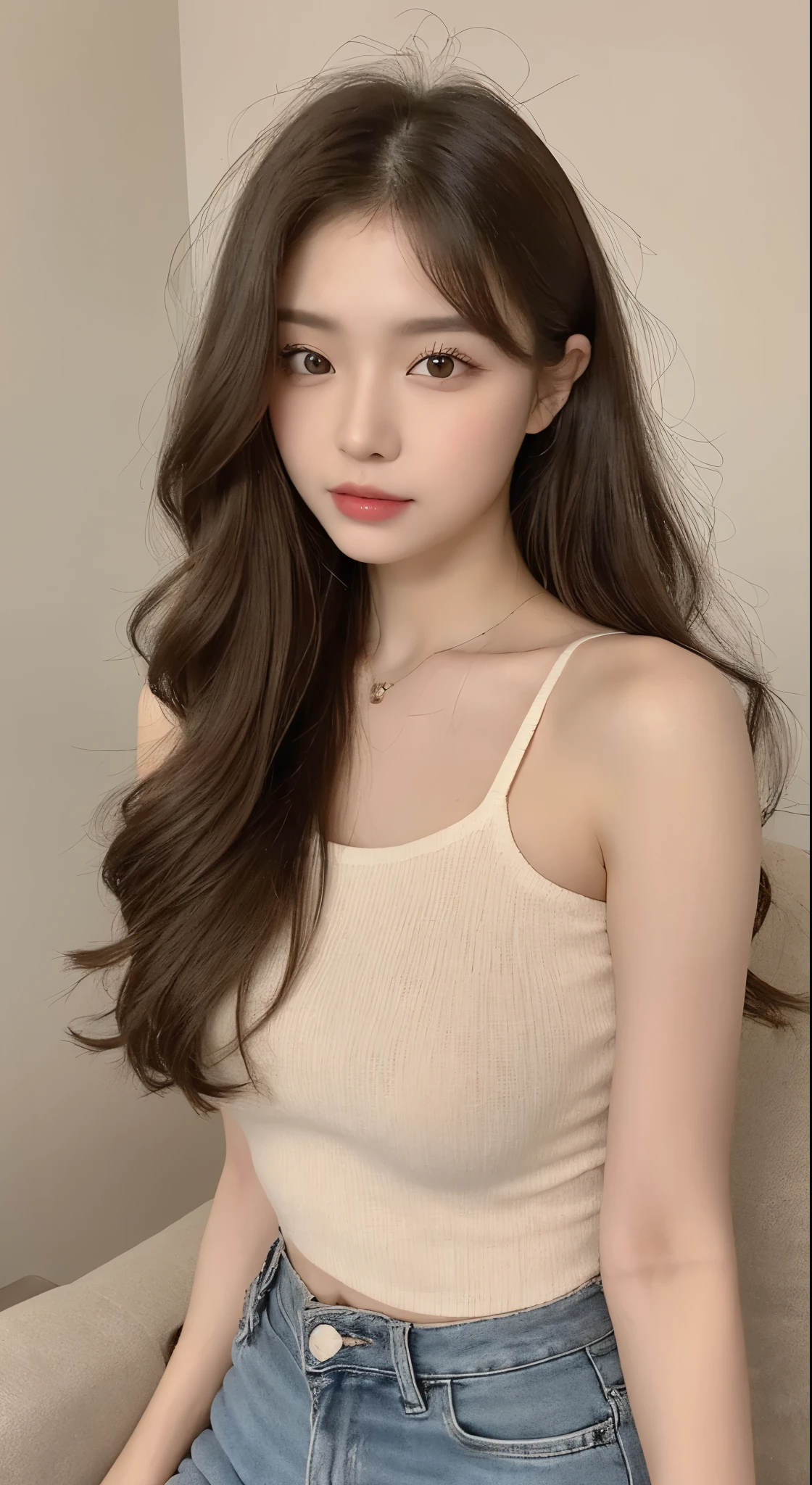 (Masterpiece, best resolution: 1.2), ((illustration), (extremely detailed), (best illustration),1girl, (yellow singlet top), long jeans pants,white background, (((far shoot))), (((front shoot))),(best quality), (super detailed), (masterpiece), (detailed face), realistic 1 girl with a perfect figure, asians girl, chinese girl, full body, living room, light make up, white top, eyes look front, small eyes, double eyelid, front view,long curly hair, ((full body:1:1))