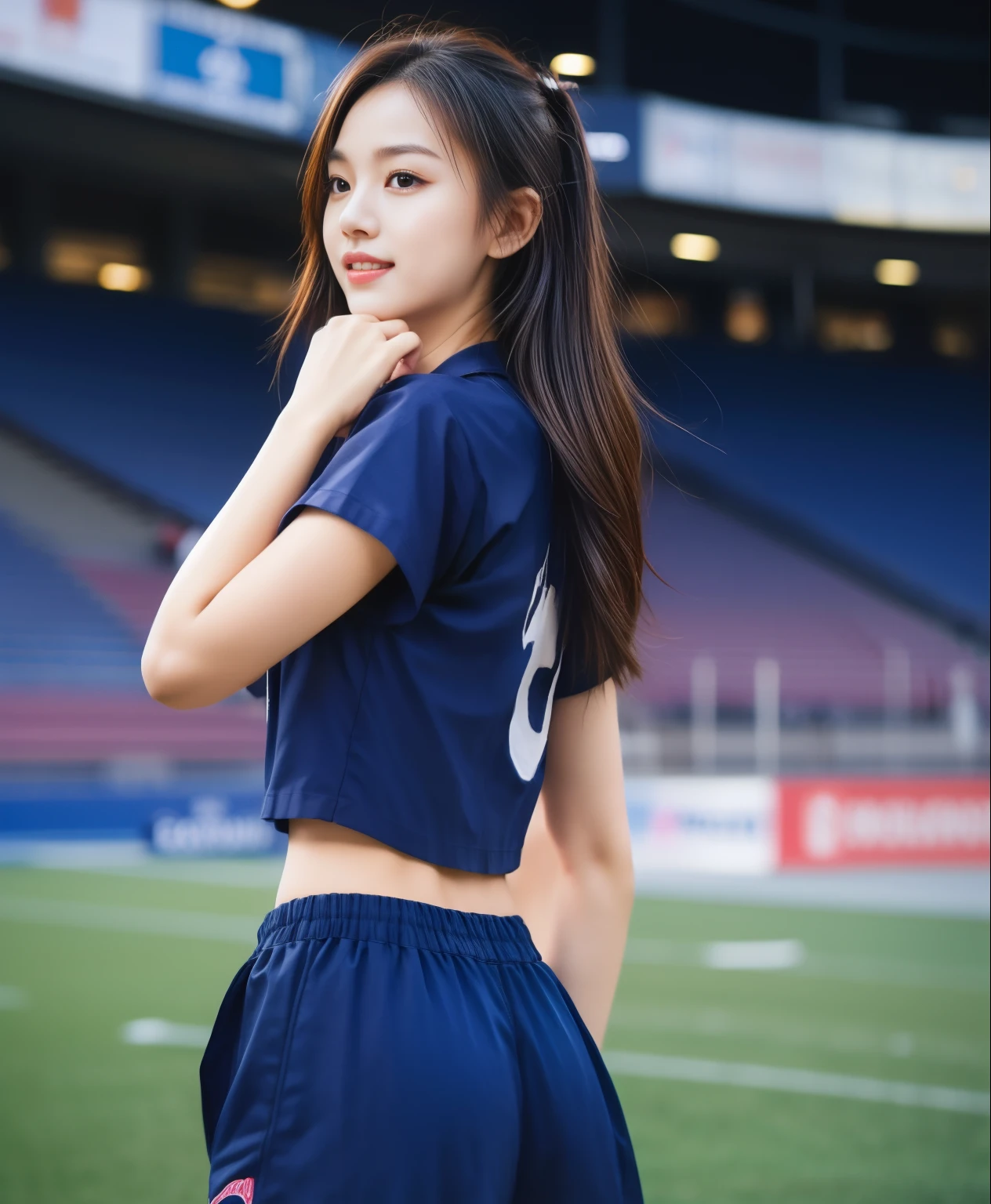 (best quality,10,10,height,Masterpiece:1.2),very detailed,(realistic,ภาพrealistic,Realistic photos:1.37),1 cute girl on the football field,shiny, ผิวshiny,only,smile softly,BDclothelue shirt:1.3)),short sleeve,shirt, กางเกงขาlong.,(navy_long_ติดตามกางเกงขาlong:1.1), ((stadium background:1.3)),Dynamic angle,excited,Face focus,dynamic poses,,Focus on the .,Masterpiece, best quality, ultra realistic, very detailedเกินไป, 8k resolution, raw photos, Sharp focus, ((Navy blue shirt:1.1)), short sleeve, เส้นทางlong, perfect bodyแบบ, 2 mature women, 18 years old, Cinema-grade lighting system,กางเกงขาlongวอร์มสีน้ําเงิน,exercise clothes,correct ,perfect body, correct body, Sharp face, correct bodyทางกายวิภาค, full body, realistic gestures, long-haired, realistic ,ช่วงขาlong,fit,carved girl, Slender figure, Model, fit, beautiful body,Blue sweatpants, กางเกงวอร์มขาlong