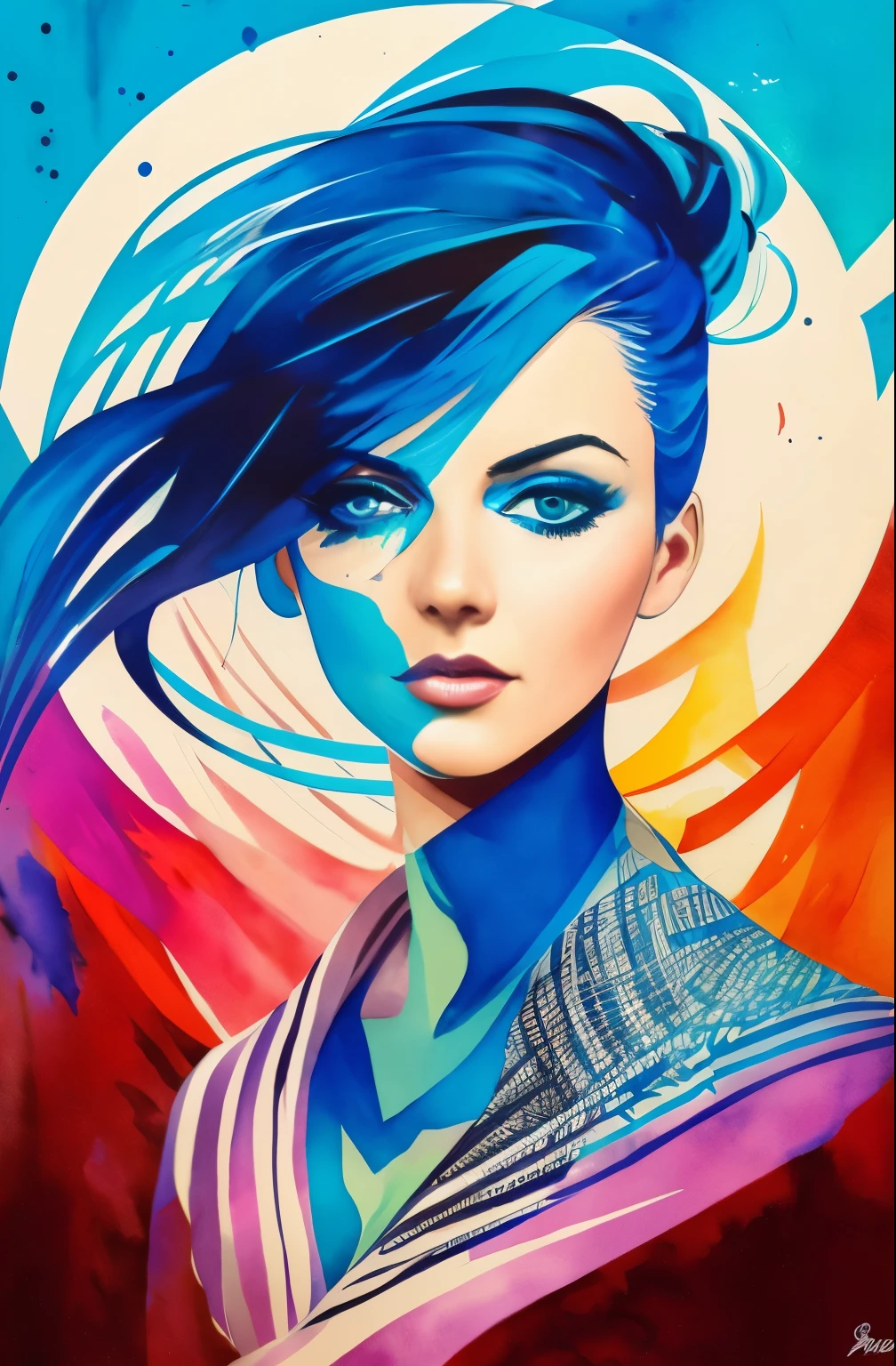 painting of a woman with a blue and white face, Sylvia Pelissero watercolors, tumbler, figurative art, Intense watercolor painting, watercolor detailed art, Watercolor Splash, surreal, Avant-garde pop art, Beautiful and expressive paintings, Beautiful artwork illustration, very colorful tones, wonderful, cool beauty, highest quality,official art, women only, sharp outline, best shot, vector art, Written by Sandra Chevrier, Dave McKean、by Richard Avedon、Written by Makiezi Kusiala
