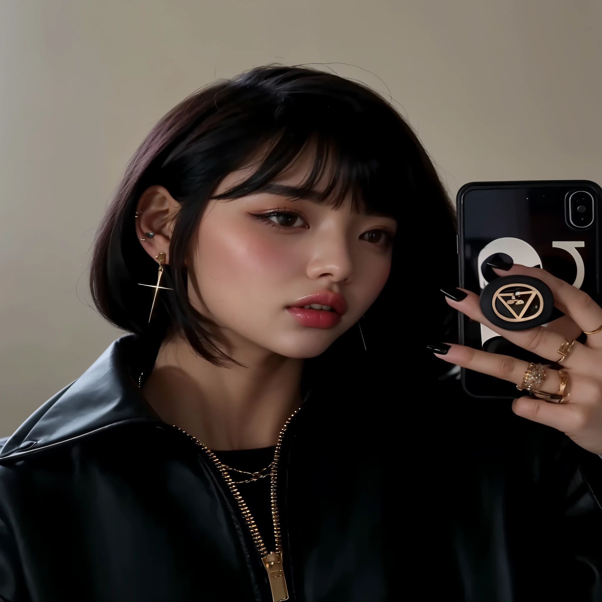 Mulher que tira uma selfie no espelho com um celular, she has black hair com franja, portrait of jossi do blackpink, Lalisa Manobal, Ulzzang, Lalisa Manoban do Blackpink, com franja, 🤤 retrato de , com franja completa, cruel korean goth girl, jossi do blackpink, with short hair com franja, blackpink lisa, blackpink jennie 