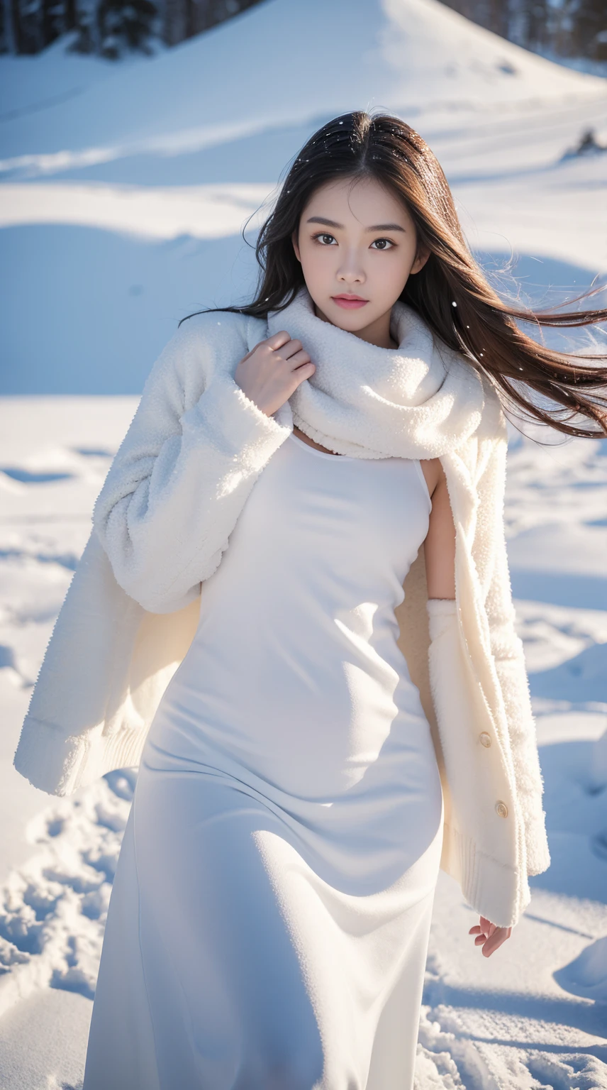 model:majicMIX realistic prompt:ultra-wide-angle, perfecteyes, Perfect breasts, Natural skin, Textured skin, Perfect face, (Glowing eyes:1.1), Glowing skin, (Perfect hands, Perfect anatomy), A girl walking on the snow, With the snow as a backdrop, Oval shape face.