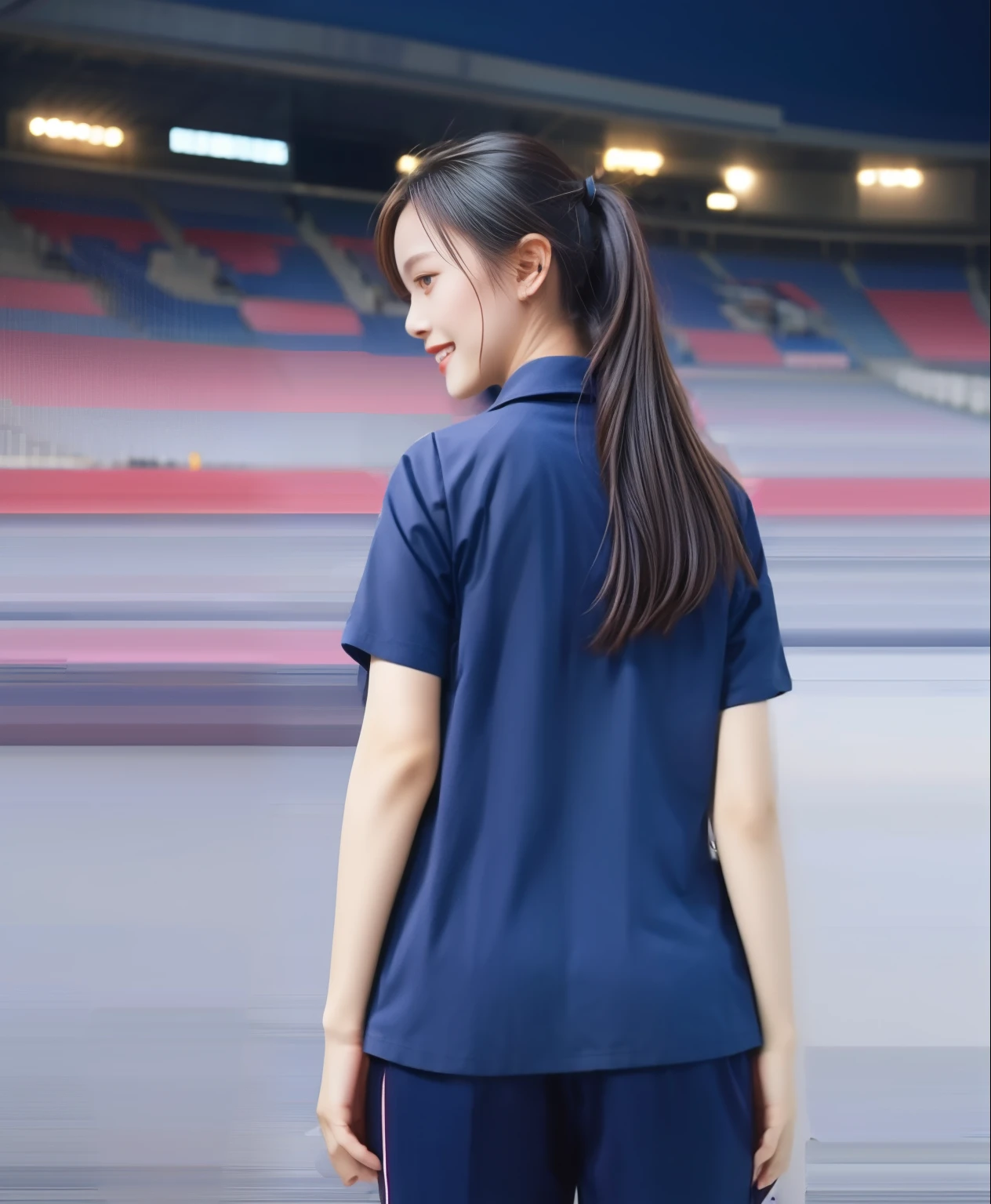 (best quality,10,10,height,Masterpiece:1.2),very detailed,(realistic,ภาพrealistic,Realistic photos:1.37),1 cute girl on the football field,shiny, ผิวshiny,only,smile softly,BDclothelue shirt:1.3)),short sleeve,shirt, กางเกงขาlong.,(navy_long_ติดตามกางเกงขาlong:1.1), ((stadium background:1.3)),Dynamic angle,excited,Face focus,dynamic poses,from behind,Focus on the ass.,Masterpiece, best quality, ultra realistic, very detailedเกินไป, 8k resolution, raw photos, Sharp focus, ((Navy blue shirt:1.1)), short sleeve, เส้นทางlong, perfect bodyแบบ, 2 mature women, 18 years old, Cinema-grade lighting system,กางเกงขาlongวอร์มสีน้ําเงิน,exercise clothes,correct anatomy,perfect body, correct body, Sharp face, correct bodyทางกายวิภาค, full body, realistic gestures, long-haired, realistic ,ช่วงขาlong,fit,carved girl, Slender figure, Model, fit, beautiful body,Blue sweatpants, กางเกงวอร์มขาlong