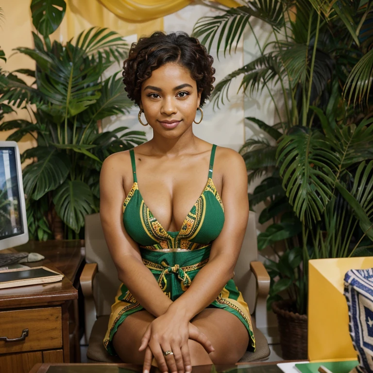 A Brazilian mulatto is a person with a rich ethnic heritage, often exhibiting a combination of African and European ancestry, with a range of skin tones and a vibrant culture that celebrates Brazil's racial and ethnic diversity, dressed in dress with colors of nature and the colors of the Amazon forest sitting behind a desk like a president and her hands come together and place on the desk.