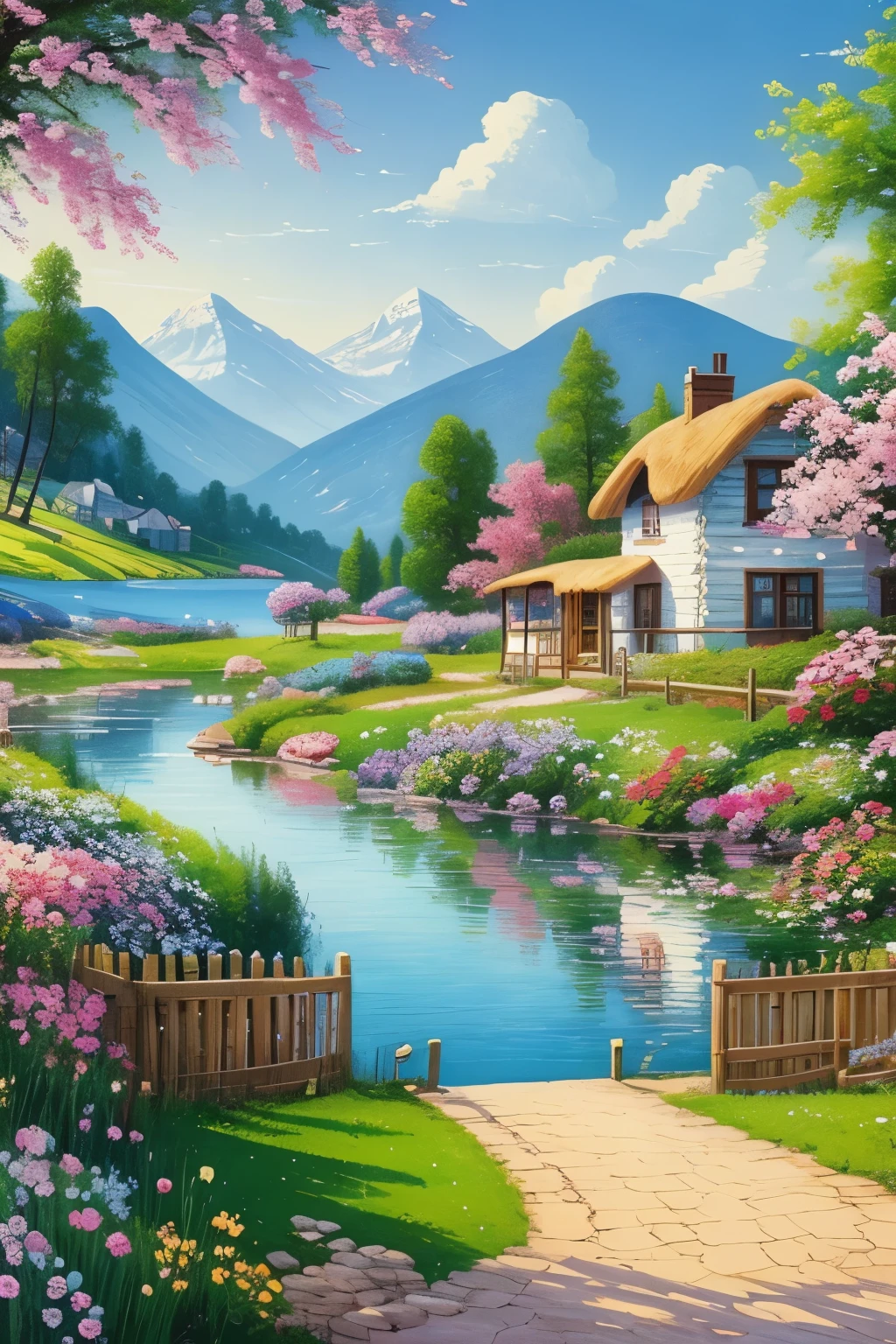 painting of a cottage, flowers beside of fence, fence along the road,  mountain landscape with a lake and a boat, birds flying in the blue sky, illustration matte painting,  inspired by Thomas Kinkade, symmetric matte painting, detailed scenery , style raw, 8 k ultra detailed