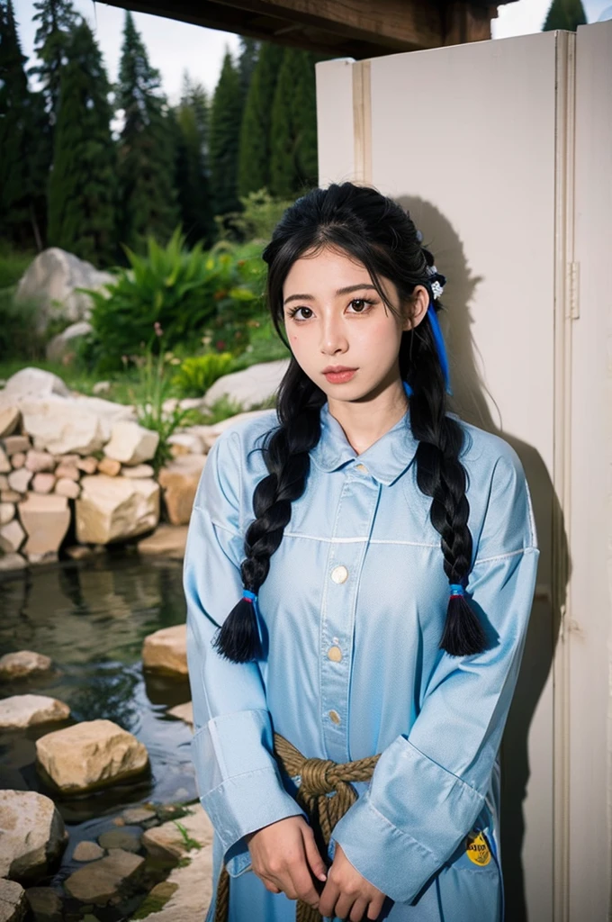 1gril, (Solo:1.3), trinchera, onsen, al aire libre, chaqueta de traje, abrazar sus propias piernas, ciertamente(archivo azul), pechos medianos, pelo rubio, Trenzas, cola de caballo doblada, Cinta para el pelo,