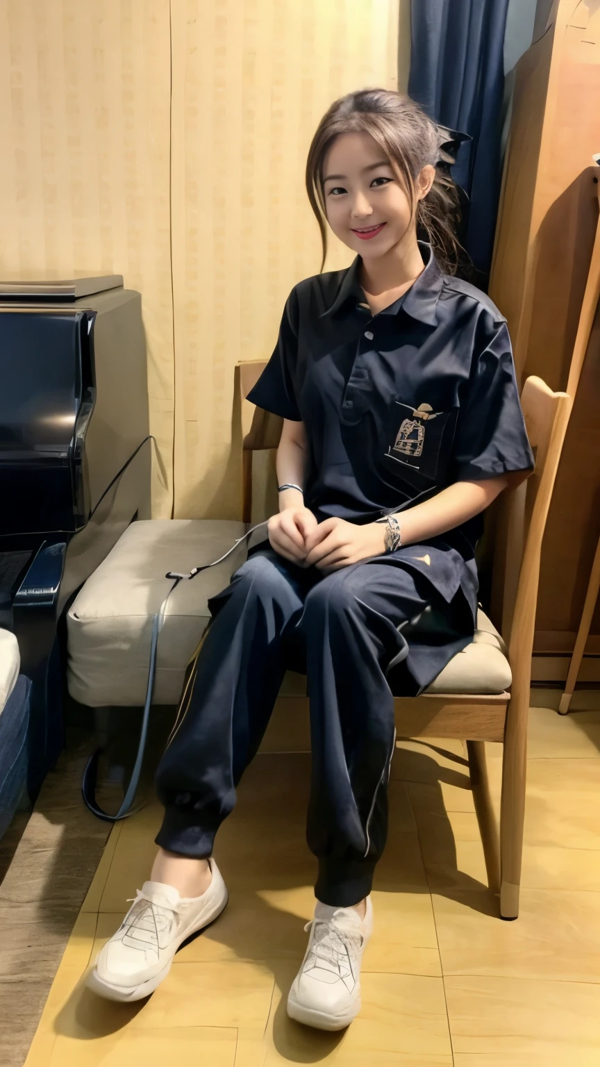 2girl in the piano room, Navy blue short-sleeved shirt,Navy Long Trackpant,