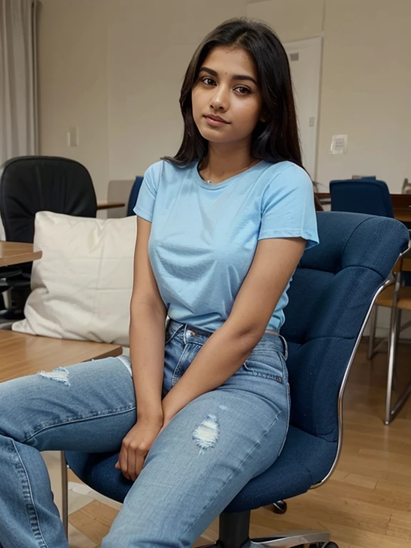 Beautiful Indian girl sitting on chair in blue t-shirt light blue jeans 