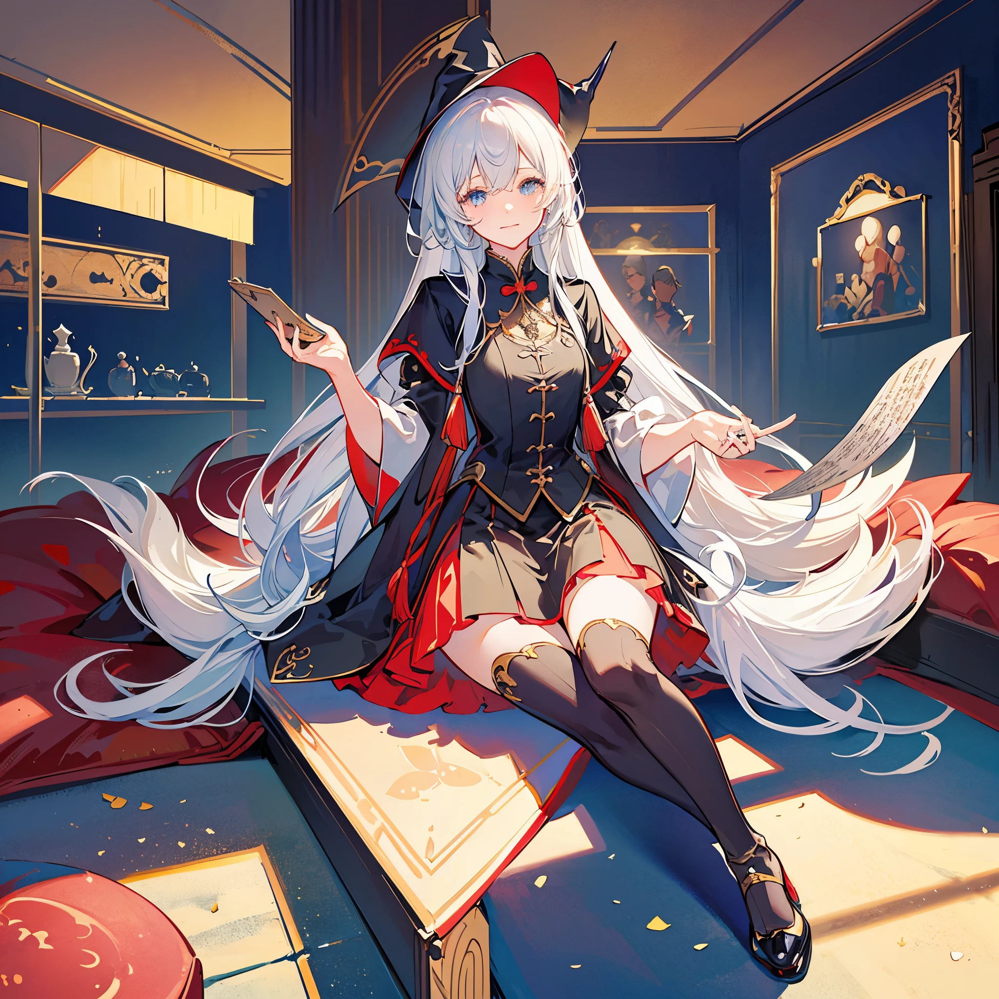 masterpiece,best quality,Museum interior,Dragon girl,shadow mage style,dragon horn,dragon tail,Witch hat,holding a magic spell book,Strange collection,Student suits,harry potter,black stockings