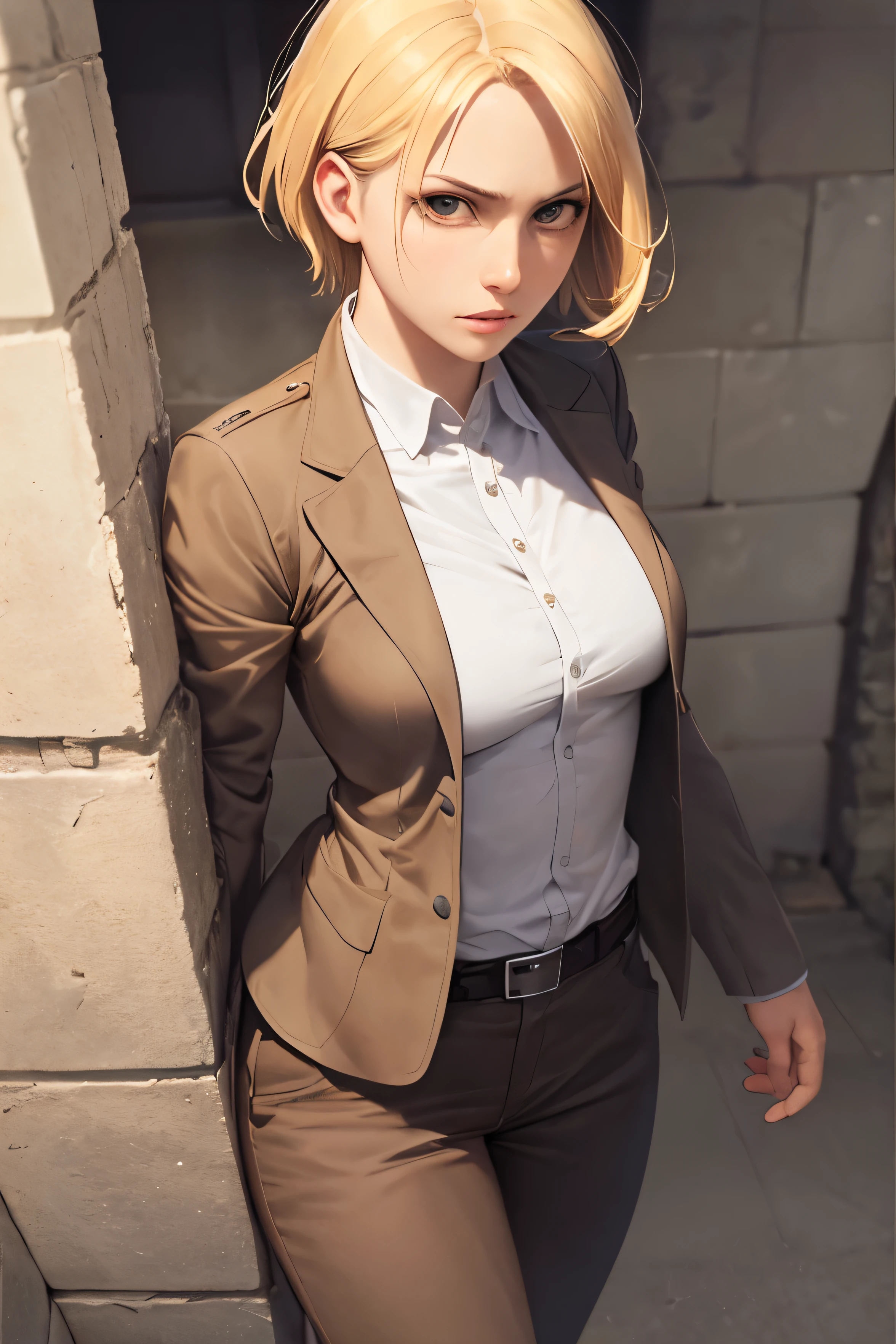 ((best quality)), ((masterpiece)), ((Realistic)), ((eyes on view)), annie leonhart from attack on titan, short hair, beautifull, action angle, suit