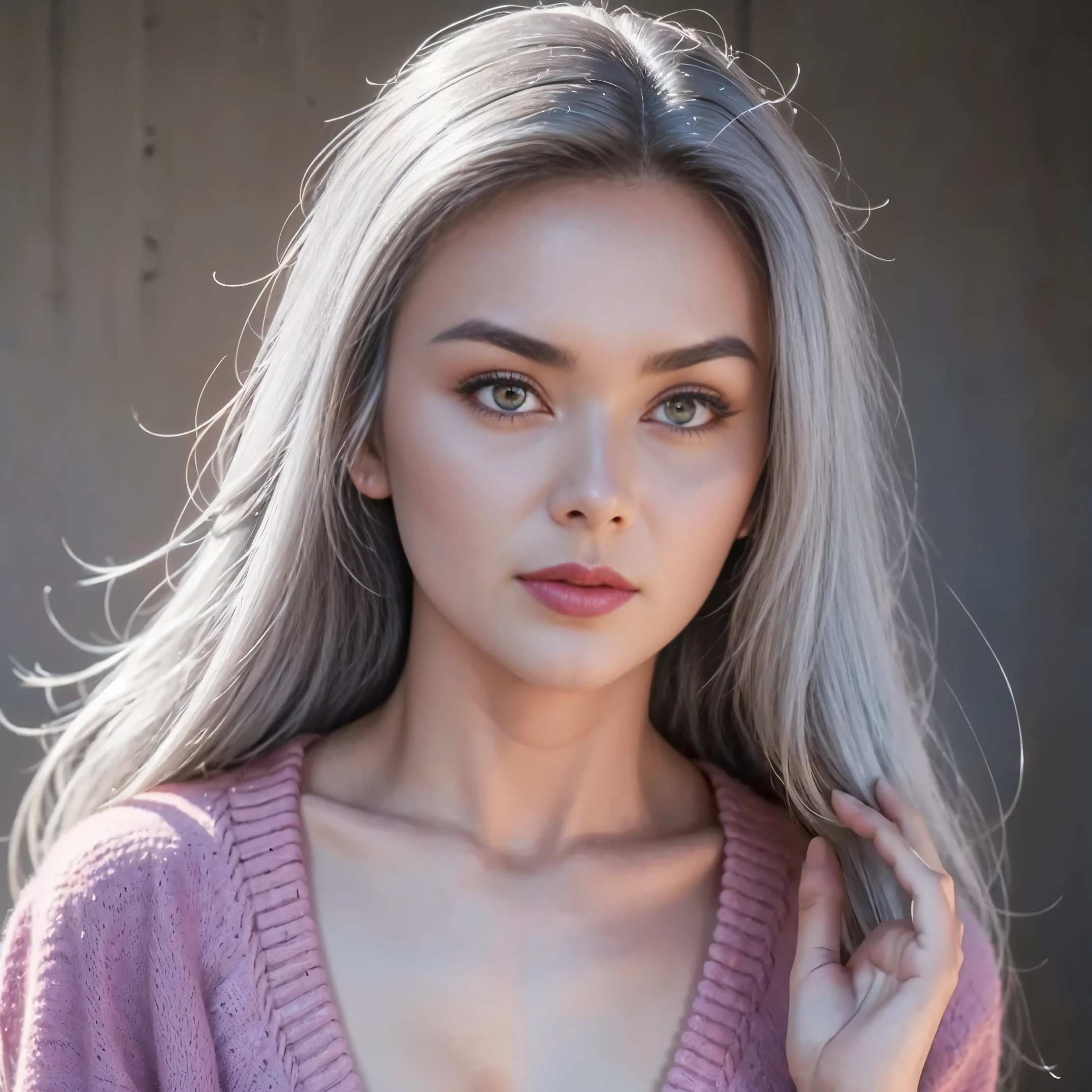 gorgeous cute Austrian girl , Steel gray hair loose hair, wears a designer clothes, looking fashionable, bold , hip hop , hands are style according to photo ,perfectly symmetrical face, realistic detailed skin, vivid colours, HDR, hard shadows, art photography, sharp focus, masterpiece, breathtaking, atmospheric perspective, diffusion, pore correlation, skin imperfections, 80mm Sigma f2, depth of field, intricate natural lighting
