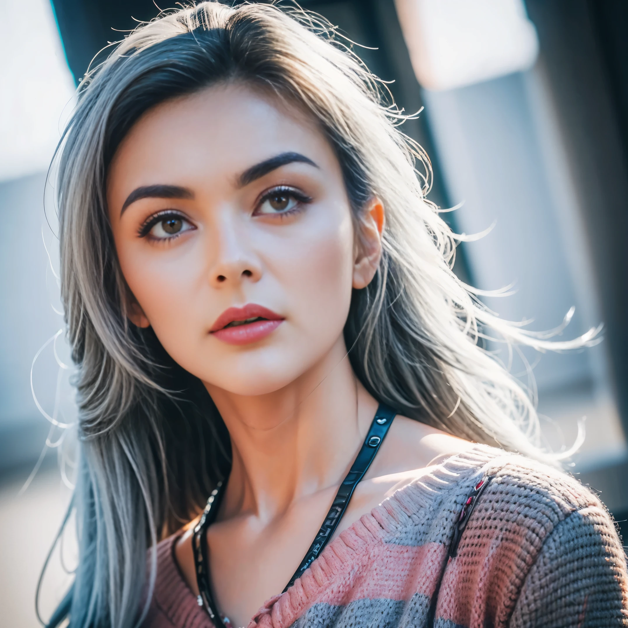 gorgeous cute Austrian girl , Steel gray hair loose hair, wears a designer clothes, looking fashionable, bold , hip hop , hands are style according to photo ,perfectly symmetrical face, realistic detailed skin, vivid colours, HDR, hard shadows, art photography, sharp focus, masterpiece, breathtaking, atmospheric perspective, diffusion, pore correlation, skin imperfections, 80mm Sigma f2, depth of field, intricate natural lighting