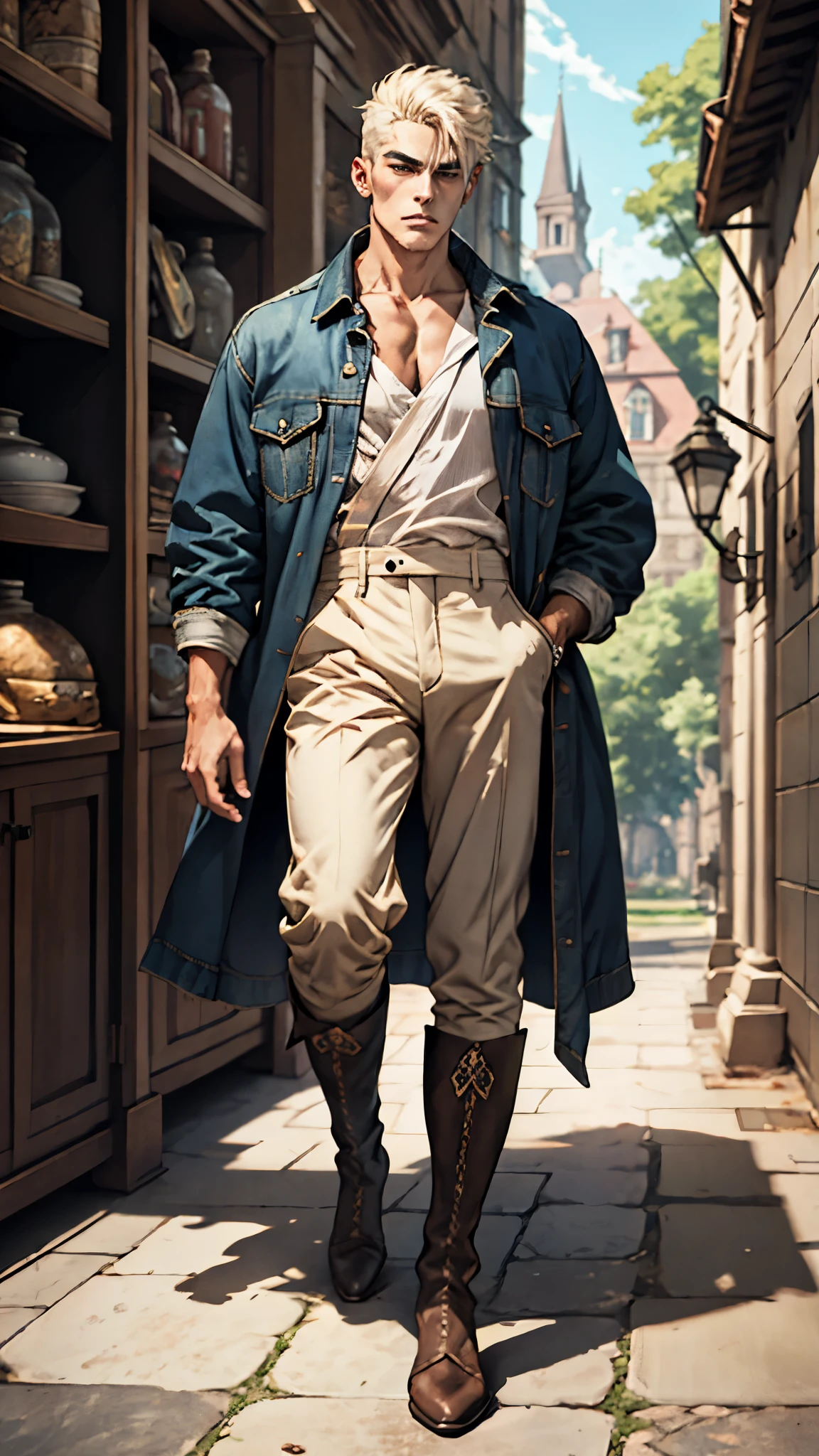 In the backdrop of an ancient fantasy-reality setting, a youth sporting a platinum crew cut displays a piercing gaze and confident demeanor. Adorned in a two-piece fusion outfit, seamlessly blending Western and Eastern influences, he wears a snug dark top paired with a vibrant yellow-blue short jacket. The lower half features loose white utility pants, and his sturdy long boots echo through the corridors of an antiquated architectural landscape. The overall aesthetic captures the essence of a refined and mature anime-inspired  rogue, symmetrical face, extremely detailed eyes and face, high quality eyes, high definition, highres, ultra-fine painting, exquisite and mature, extremely delicate, professional, anatomically correct, creativity, UHD, HDR, 32k, Natural light, cinematic lighting, best shadow, masterpiece-anatomy-perfect, best quality, masterpiece, ultra-detailed