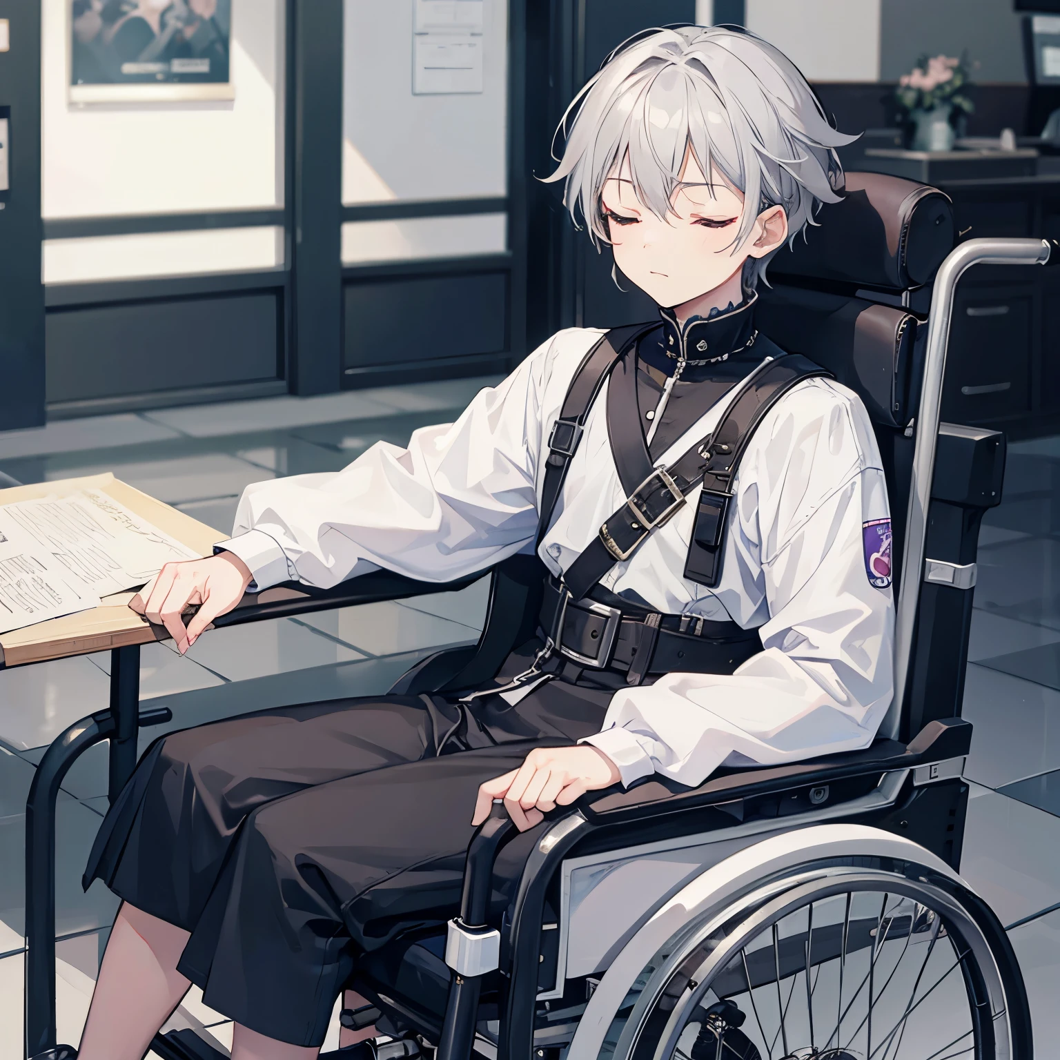 gray hair,wheelchair,prince,boy,eyes closed