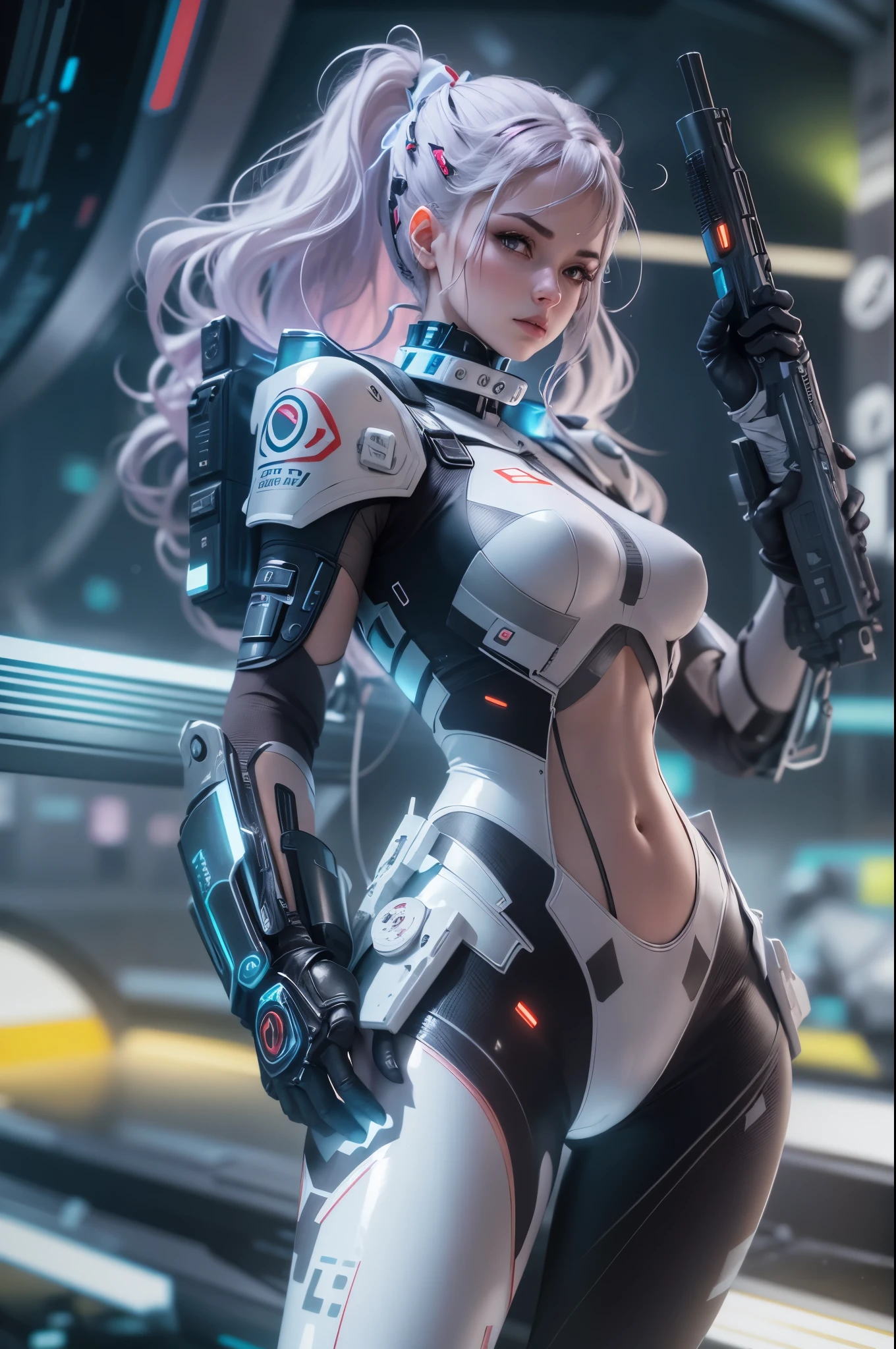1girl,Future technology clothing,(White latex tights:1.3),(Luminous array lights on clothes),Soft light,Mechanical belt,(high-tech weapon:1.3),Future technology hair bundle,Android,Super Soldier,dynamic poses,shooting,Holographic screen background,Super stunning graphics,super wide shot,best quality,masterpiece,8k,Unreal 5 rendering,High chiaroscuro,
