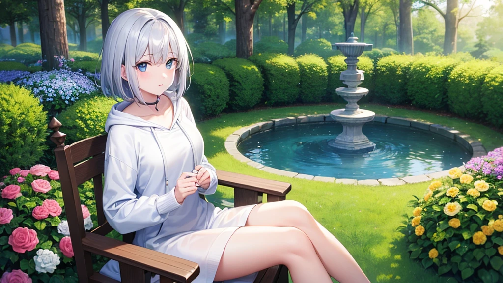 super high quality, with a girl, 20-year-old, very short hair, long bangs between the eyes, pale blue eyes , blue sky, sunlight, very detailed,(masterpiece、highest quality)、alone、gray hair、laughter、White skin as clear as snow、fantasy, silver hair, black eye, beautiful eyes,, ecstasy, charm, be smitten with audience, landscape shorts、white hoodie、Hoodie with open front、black shirt、fountain in the forest、flower garden、sit on a chair