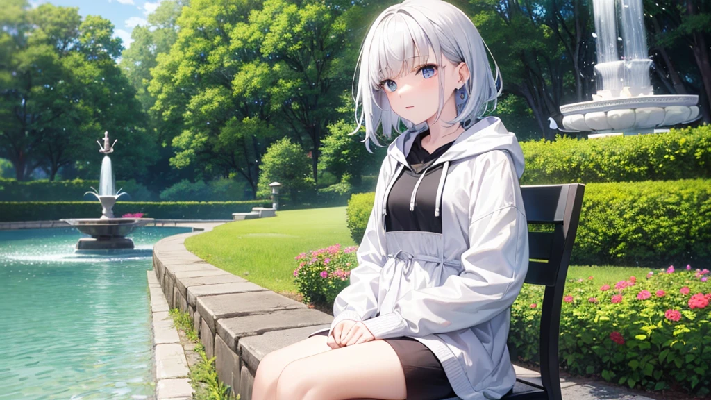 super high quality, with a girl, 20-year-old, very short hair, long bangs between the eyes, pale blue eyes , blue sky, sunlight, very detailed,(masterpiece、highest quality)、alone、gray hair、laughter、White skin as clear as snow、fantasy, silver hair, black eye, beautiful eyes,, ecstasy, charm, be smitten with audience, landscape shorts、white hoodie、Hoodie with open front、black shirt、fountain in the forest、flower garden、sit on a chair
