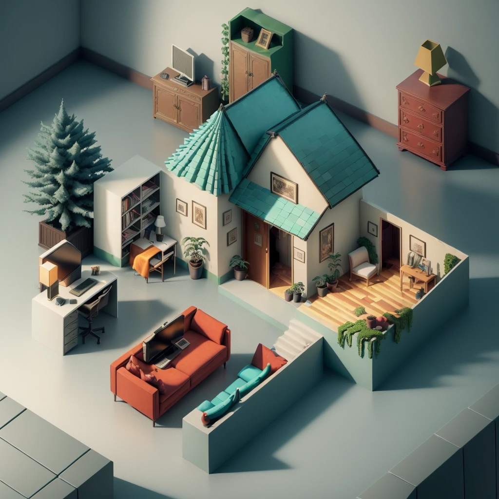 (Isometric perspective:1.5),(horror style:1.2), Room, bed, sofa,(small bonsai:0.8),desk lamp, TV, mural, 3D,Panoramic photo,White background, solid background,Global illumination, raytracing, modeling,HDR,octane render,unreal render,behance,dribbble,artstation,best quality, 8k,