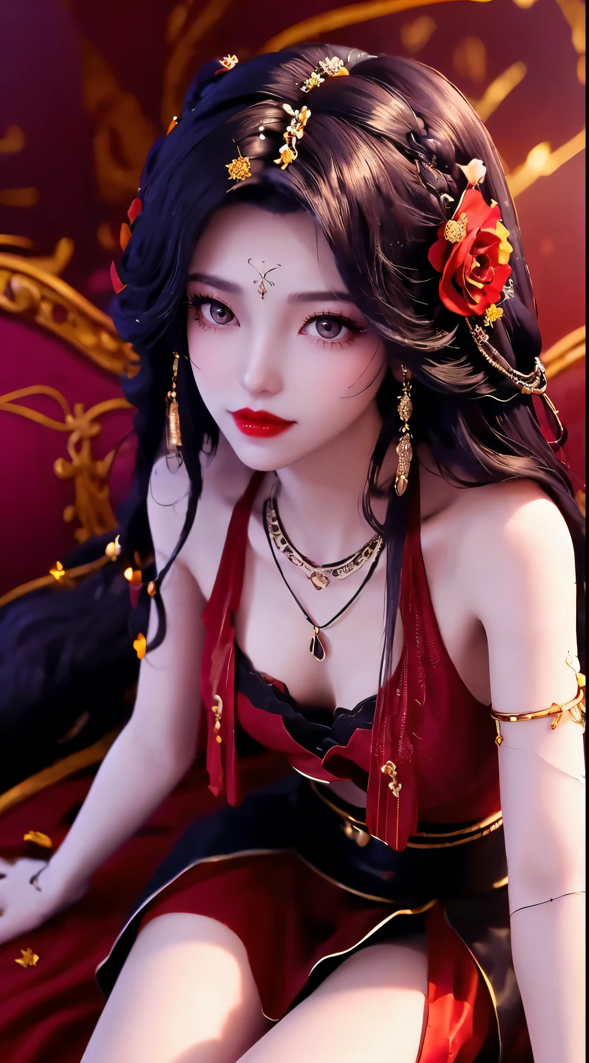 1 beautiful20岁女孩, ((Wearing a super thin red dress:1.6)), dress with diamonds, ((Long black-purple hair:1.6)), Bangs, 由宝石和beautiful头发精心制成的珠宝, ((Wear a black lace necklace:1.4))), noble, The noble temperament of a very beautiful girl, Her little face is super cute, her face is beautiful, Thin eyebrows, flawless beautiful face, ((dark circles pupils: 0.8)), Very beautiful tearless eyes: 1.6)), Beautiful makeup and hair with detailed eyelashes, steam eye makeup, high nose, earrings, red lips, ((Keep your mouth shut: 1;5 )) beautiful嘴唇, slender hands, 最beautiful大腿, ((Spread arms to both sides: 1.5) ), rosy face, clean face, flawless beautiful face, Smooth and fair skin, (: 1.5)), ((high chest: 1.6) ), tight, beautiful, ((( and super round: 1.8))), ((super tight: 1.7)) , beautiful, Perfect body, back arm, Hold your chest out, Black lace trim Fine black mesh, (((sitting position, Lean back and place your arms behind you:1.5))), ((Hold your chest out的姿势: 1.5)), don&#39;t be shy, 8k photos, super high quality, Surreal, Super 10x pixels, Optical, bright studio, bright edge, dual-tone light, (High detail skin:1.2), Ultra 8K, soft light, high quality, volumetric light, lifelike, lifelike high resolution, light, best photos, 4K, 8K quality, Blur effect, Smooth and sharp, 10×pixels, ((Red flowers background:1.5)), aurora, lightning, 超级lifelike图形, The most realistic graphics, alone, alone, The image is extremely clear, Surreal, (((frontal portrait: 1.6)))."