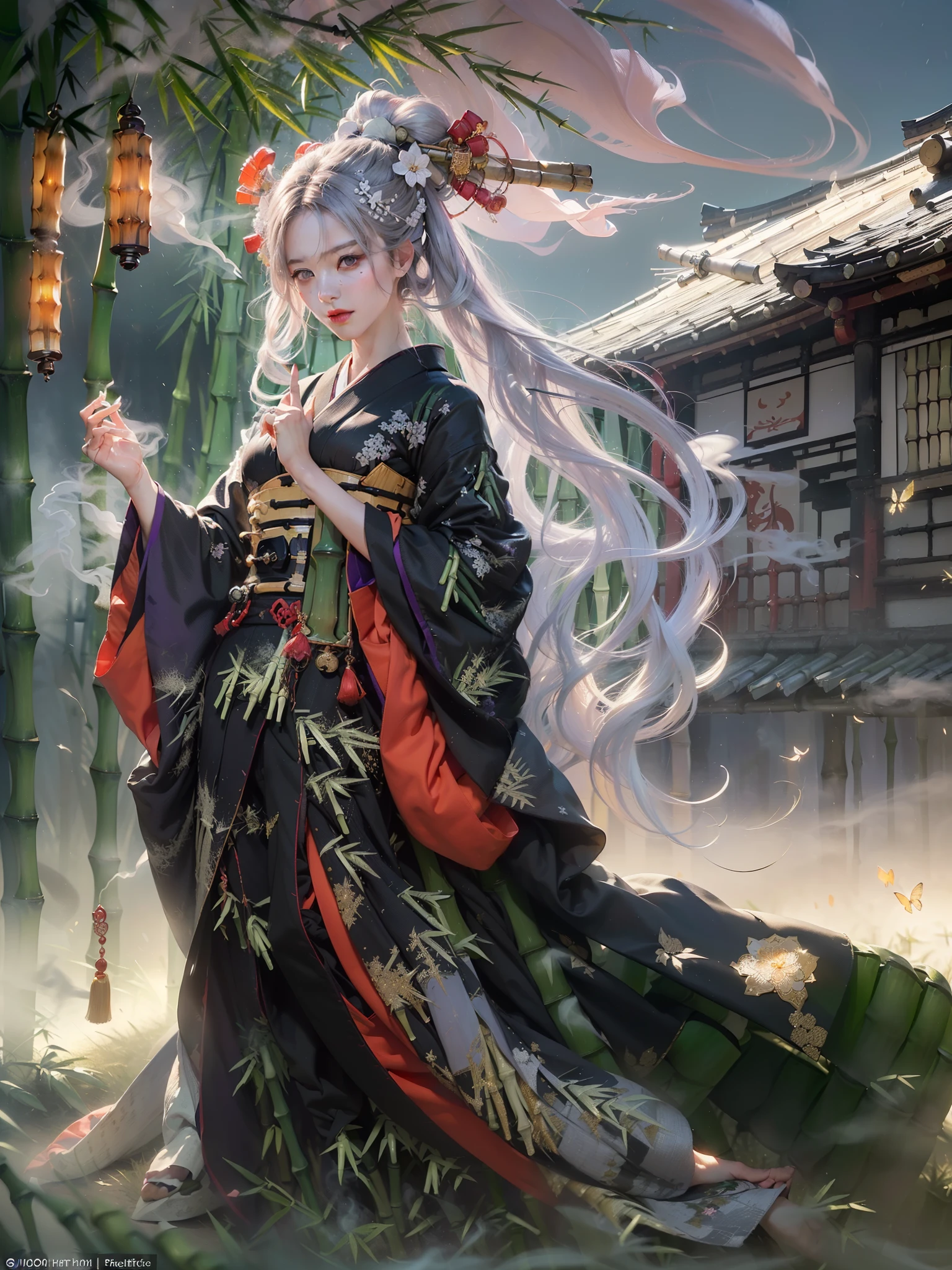 (Numerous award-winning masterpieces, with incredible detail, textures and maximum detail), (hyper realistic:1.4), (realistic:1.3), (Full body image:1.9), (upper body up:0.2), (transparent strangely white skin with the highest quality realistic texture), (five perfect and beautiful fingers:1.8), (Oiran Warrior in Japanese Folktales: 1.8), (Beautiful long black hair fluttering in the wind:1.8), (Her Hair style is beautifully tied in a Hyogo topknot with many japanese hair ornament decorating her hair: 1.9), (The one she holds in her hand is a straight Japanese sword with delicate decorations that emits a mysterious light: 1.8), (wearing a decadent and extravagant Japanese kimono: 1.8), (She has a smile on her blood-red lips: 1.7), (Japanese dark eyes with precise circular symmetry), (Detailed and breathtakingly beautiful face: 1.6), (Image of aesthetic and decadent atmosphere: 1.8), (fair but beautiful skin and face: 1.6), (wearing many decadent and delicately crafted accessories: 1.8), (Bioluminescent bright black eyes: 1.7), (Depraved Beauty: 1.8), (A pair of black eyes with strong black light emitting from within:1.7), (Less skin exposure:1.5), (Strong moonlight shining from overhead: 1.7), ((dramatic photo)), ((cinematic light)), (Full body image:1.9), (looks up), (looking down), (dramatic pose), (smoke effects and bewitching light:1.4), beautiful white hair, beautiful silver hair, (Bamboo thicket: 1.8), Wind Effects, (Cherry blossom petals falling in the wind: 0.8), (Lightning running in the sky:0.8), wind and rain, (Drifting purple smoke: 1.3), (ice field, a quiet field on a moonlit night, Midnight town), (Dark nights, full moon nights, crescent moon night), epic realistic, faded, ((neutral colors)), art, (hdr:1.5), (muted colors:1.2), hyper detailed, (art station:1.5), cinematic, warm lights, light effect, dramatic light, (intricate details:1.1), complex background, (Greg rutkowski:0.8), (teal and orange:0.4),