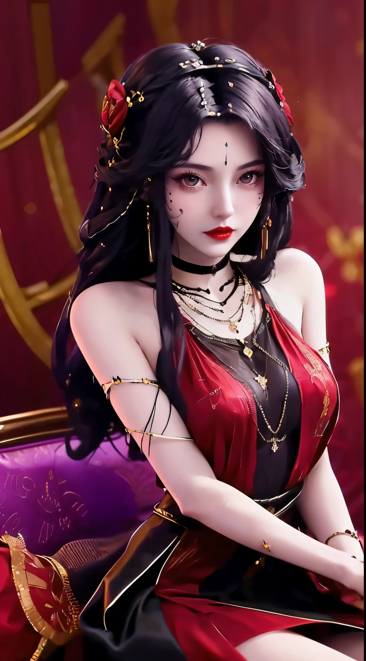 1 beautiful20岁女孩, ((Wearing a super thin red dress:1.6)), dress with diamonds, ((Long black-purple hair:1.6)), Bangs, 由宝石和beautiful头发精心制成的珠宝, ((Wear a black lace necklace:1.4))), noble, The noble temperament of a very beautiful girl, Her little face is super cute, her face is beautiful, Thin eyebrows, flawless beautiful face, ((dark circles pupils: 0.8)), Very beautiful tearless eyes: 1.6)), Beautiful makeup and hair with detailed eyelashes, steam eye makeup, high nose, earrings, red lips, ((Keep your mouth shut: 1;5 )) beautiful嘴唇, slender hands, 最beautiful大腿, ((Spread arms to both sides: 1.5) ), rosy face, clean face, flawless beautiful face, Smooth and fair skin, (: 1.5)), ((high chest: 1.6) ), tight, beautiful, ((( and super round: 1.8))), ((super tight: 1.7)) , beautiful, Perfect body, back arm, Hold your chest out, Black lace trim Fine black mesh, (((sitting position, Lean back and place your arms behind you:1.5))), ((Hold your chest out的姿势: 1.5)), don&#39;t be shy, 8k photos, super high quality, Surreal, Super 10x pixels, Optical, bright studio, bright edge, dual-tone light, (High detail skin:1.2), Ultra 8K, soft light, high quality, volumetric light, lifelike, lifelike high resolution, light, best photos, 4K, 8K quality, Blur effect, Smooth and sharp, 10×pixels, ((Red flowers background:1.5)), aurora, lightning, 超级lifelike图形, The most realistic graphics, alone, alone, The image is extremely clear, Surreal, (((frontal portrait: 1.6)))."