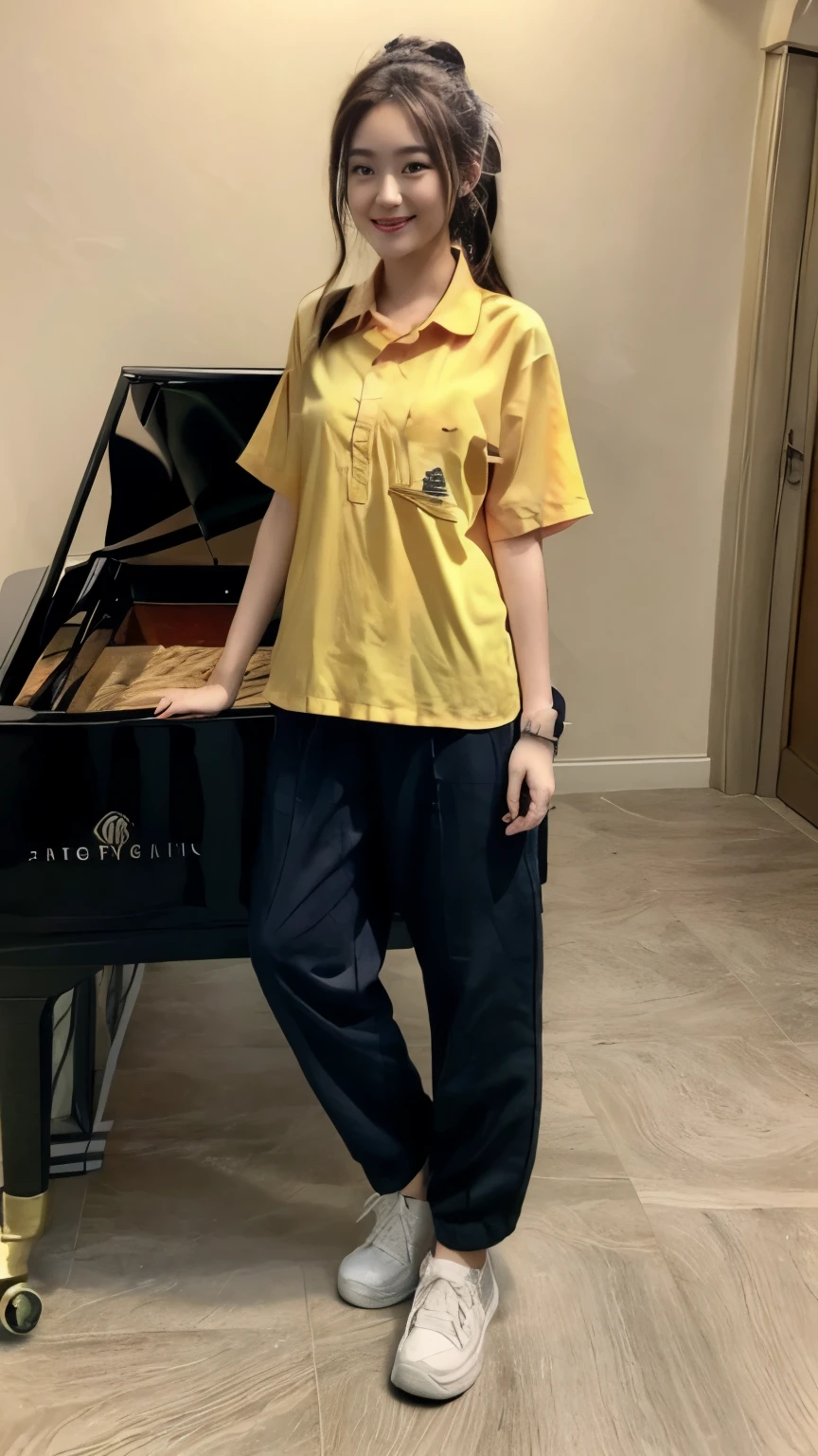 2girl in the piano room, Navy blue short-sleeved shirt,Navy Long Trackpant,