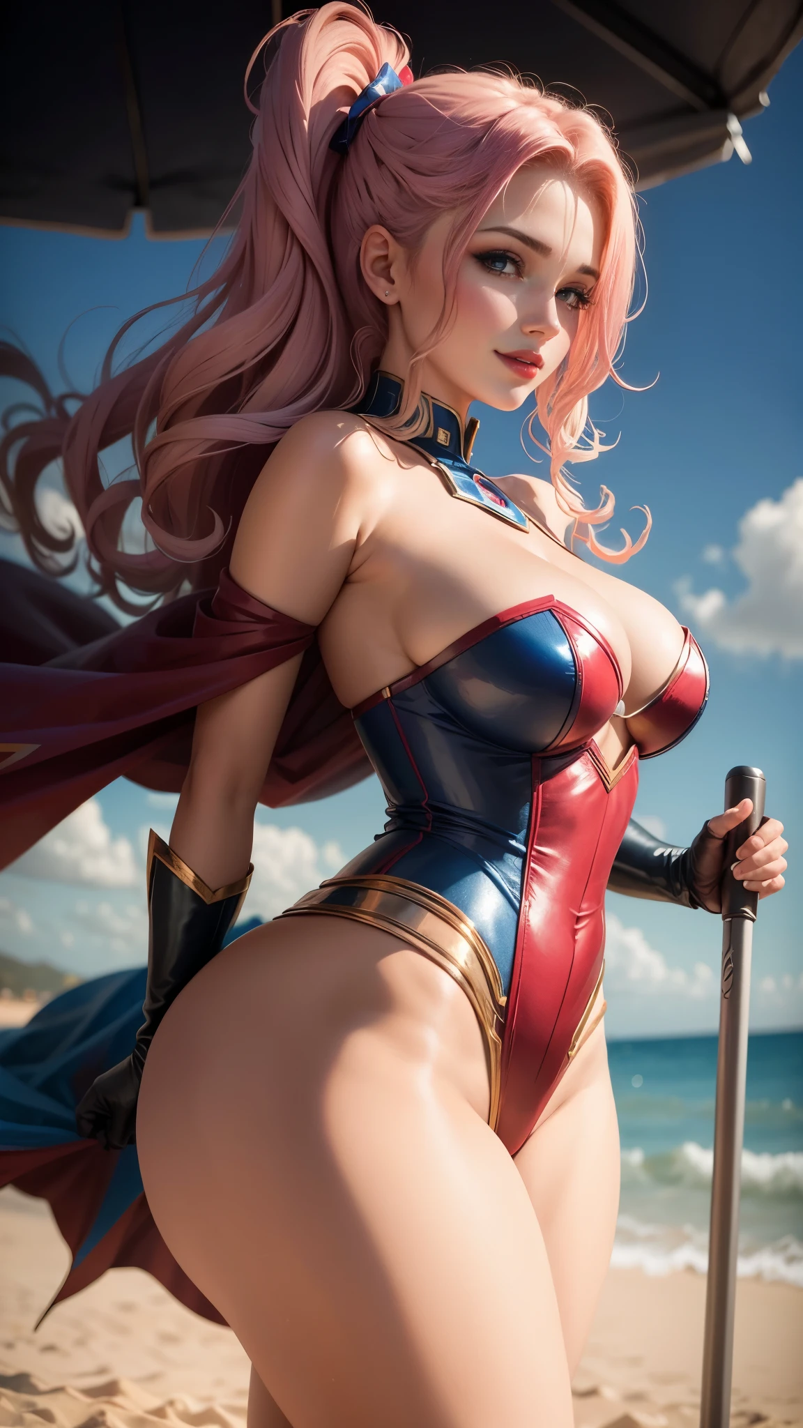 Supergirl, 18 anos, Mulher bonita cabelo loiro curto,corpo definido, (BBW), seios grandes, seios grandes, seios grandes,Red lipstick,sorrindo levemente,hands free,Desfilando, vestindo Corselet azul com liga Supergirl,calcinha fio dental vermelha,7/8 meia bege transparente,sem cabo, clube de strip, dance pole, (curvy:1.2), (from side:1.2)