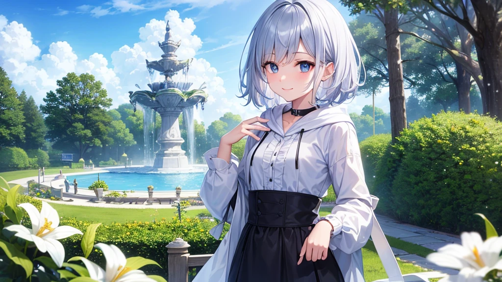 super high quality, with a girl, 20-year-old, very short hair, long bangs between the eyes, pale blue eyes , blue sky, sunlight, very detailed,(masterpiece、highest quality)、alone、gray hair、laughter、White skin as clear as snow、fantasy, silver hair, black eye, beautiful eyes,, ecstasy, charm, be smitten with audience, landscape shorts、white hoodie、Hoodie with open front、black shirt、fountain in the forest、flower garden、A smile in the sky