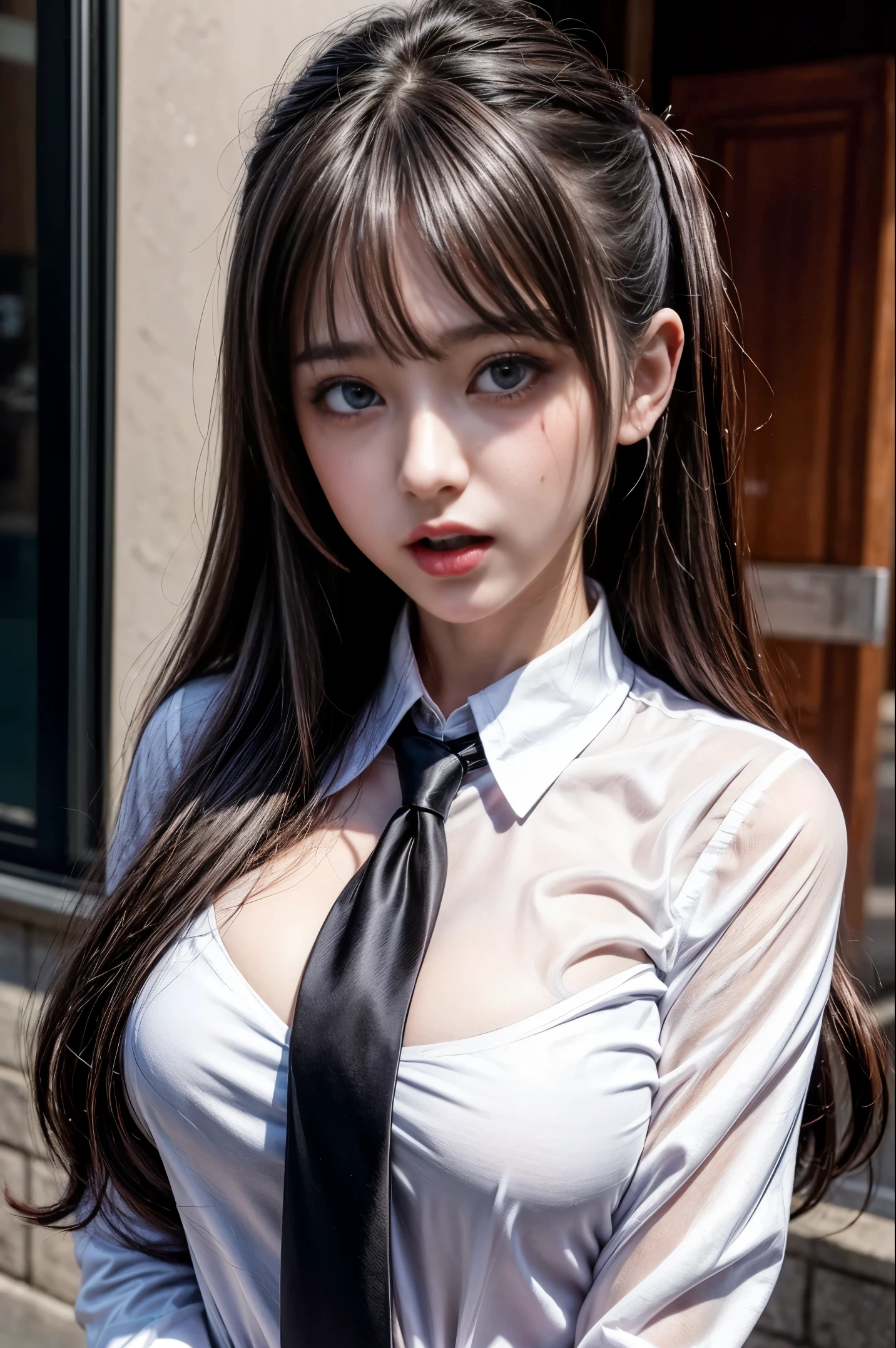 Heart-shaped pupil，(SFW), (masutepiece:1.2), Best Quality, masutepiece, hight resolution, Original, highly detailed wallpaper, (Ultra-detailed), (Best Illustration), (Best Shadow), (Kobeni), huge tit , perky breast, (White collared shirt), (blood stain:1.1), (terrorism:1.2), (black necktie), (Shirt stains), (Stained), girl with, Looking at Viewer, (Scared:1.2), (Tears:1.1), (Brown eyes), (piece sign),Tongue out, tongue, Heart-shaped pupil,Provocative eyes