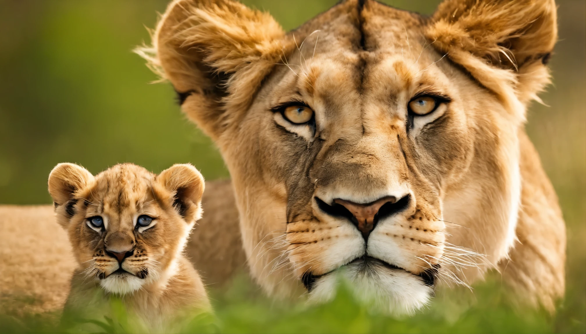 Aggressive looking lioness with short hair and big almond-shaped eyes with one cute lion cub, looking directly at the camera, on a white background