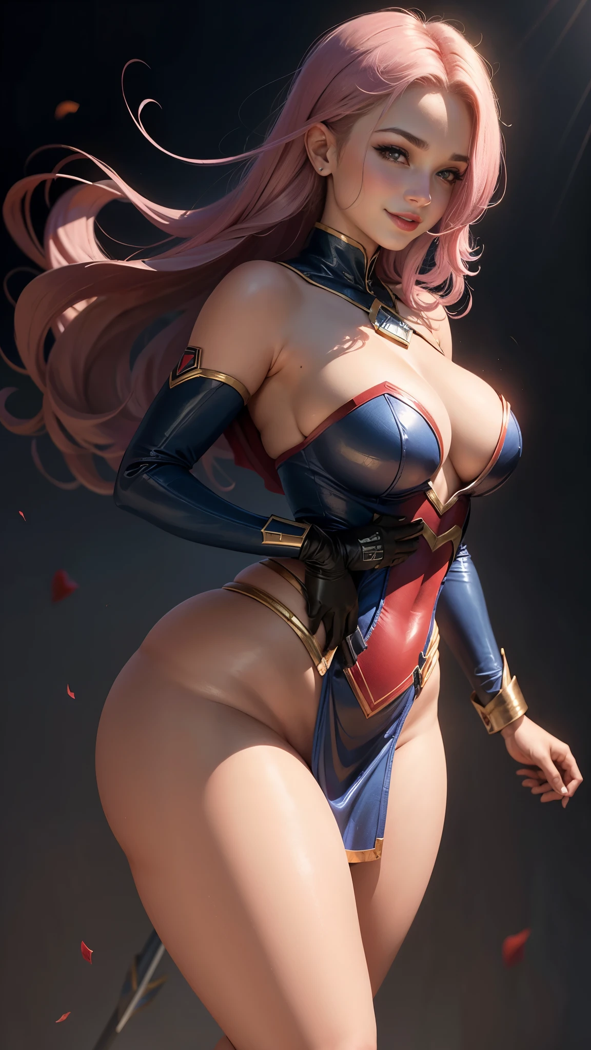 Supergirl, 18 anos, Mulher bonita cabelo loiro curto,corpo definido, (BBW), seios grandes, seios grandes, seios grandes,Red lipstick,sorrindo levemente,hands free,Desfilando, vestindo Corselet azul com liga Supergirl,calcinha fio dental vermelha,7/8 meia bege transparente,sem cabo, clube de strip, dance pole, (curvy:1.4), (from side:1.2)