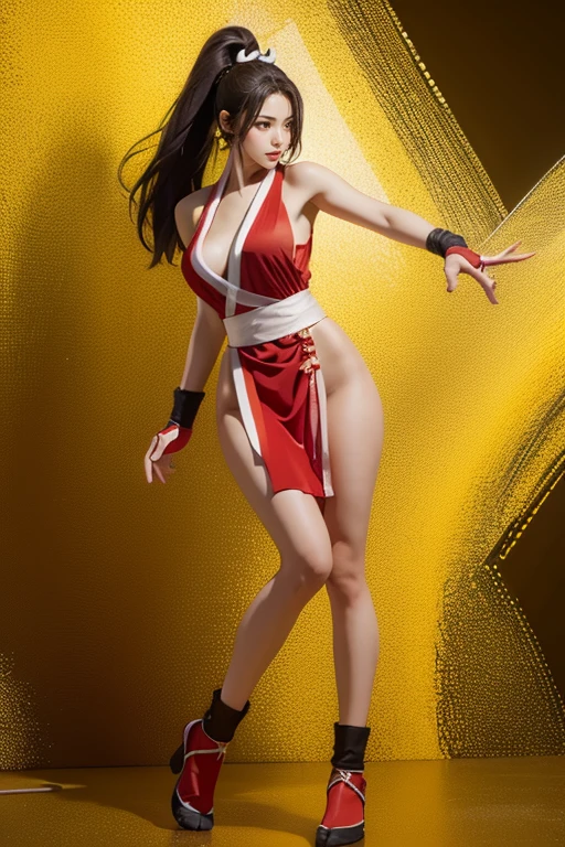 (mai shiranui:1.3), (tabi:2.0), (Full body portrait:2.0), Full body, (Realism), (masutepiece:2.0), (Best Quality), (ultra-detailliert), (8K, 4K, Convoluted), (Flat Lighting:1.2), (skinny), Prestige, Brown eyes, Long hair, brown eyes, long hair, brown hair, white ribbon, sleeveless, ponytail, sash, pelvic curtain, arm guards, gloves, tabi, fascinated expression, Sexy eyes, slim, medium breasts, Smile, Cute, view the viewer, Long hair, Close to Japan temple, (breasts focus:1.2), (Realistic:1.2), (Full Shot: 1.2), (85 mm), light Particle, Lighting, (Highly detailed:1.2), (Detailed face:1.2), (gradients), SFV, Colorful, (Detailed eyes:1.2), (Detailed temples of Japan: 1.2),(Detailed background), (Dynamic Angle:1.2), (Dynamic Pose:1.2), (Line of action:1.2), Wide Shot, Daylight, Solo.