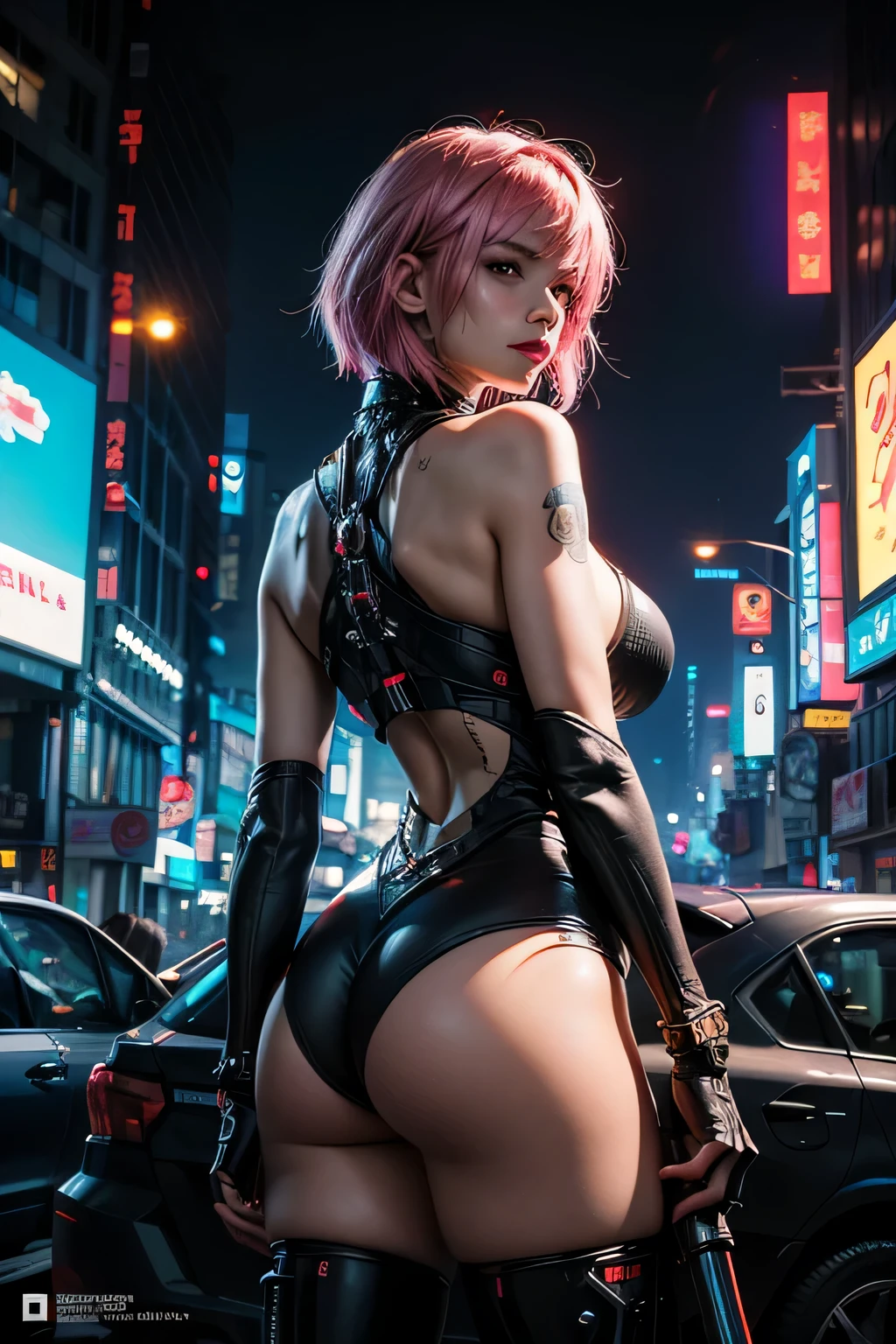 better quality, masterpiece, ultra high resolution, ((realistic: 1.4), RAW photo, (1 beautiful woman),(middle aged), alone, Pink bob hair, huge breasts, huge ass, thighs, (Super realistic details)), global illumination, Shadow, octane rendering, 8K, super sharp,exposed face, Metal, intricate decorative details, egypt details, very intricate details, realistic light, Trends in CG society, in front of the camera, neon details, mechanical limbs, blood vessels connected to tubes, mechanical vertebrae attached to the back, mechanically attach the cervical vertebrae to the neck, Wires and cables connecting to the head, Evangelion, Small Bright LED Bulb, (cowboy shot),(Stunning cyberpunk cityscape in the background),cyberpunk anime art, cyberpunk anime art, anime character; full body art,Changes from Cyberpunk, Digital Cyberpunk - Anime Art, Digital Art Cyberpunk Anime, Cyberpunk weapons, Cyberpunk themed art, cyberpunk artスタイル,Experienced Cyberpunk Anime Man, cyberpunk art