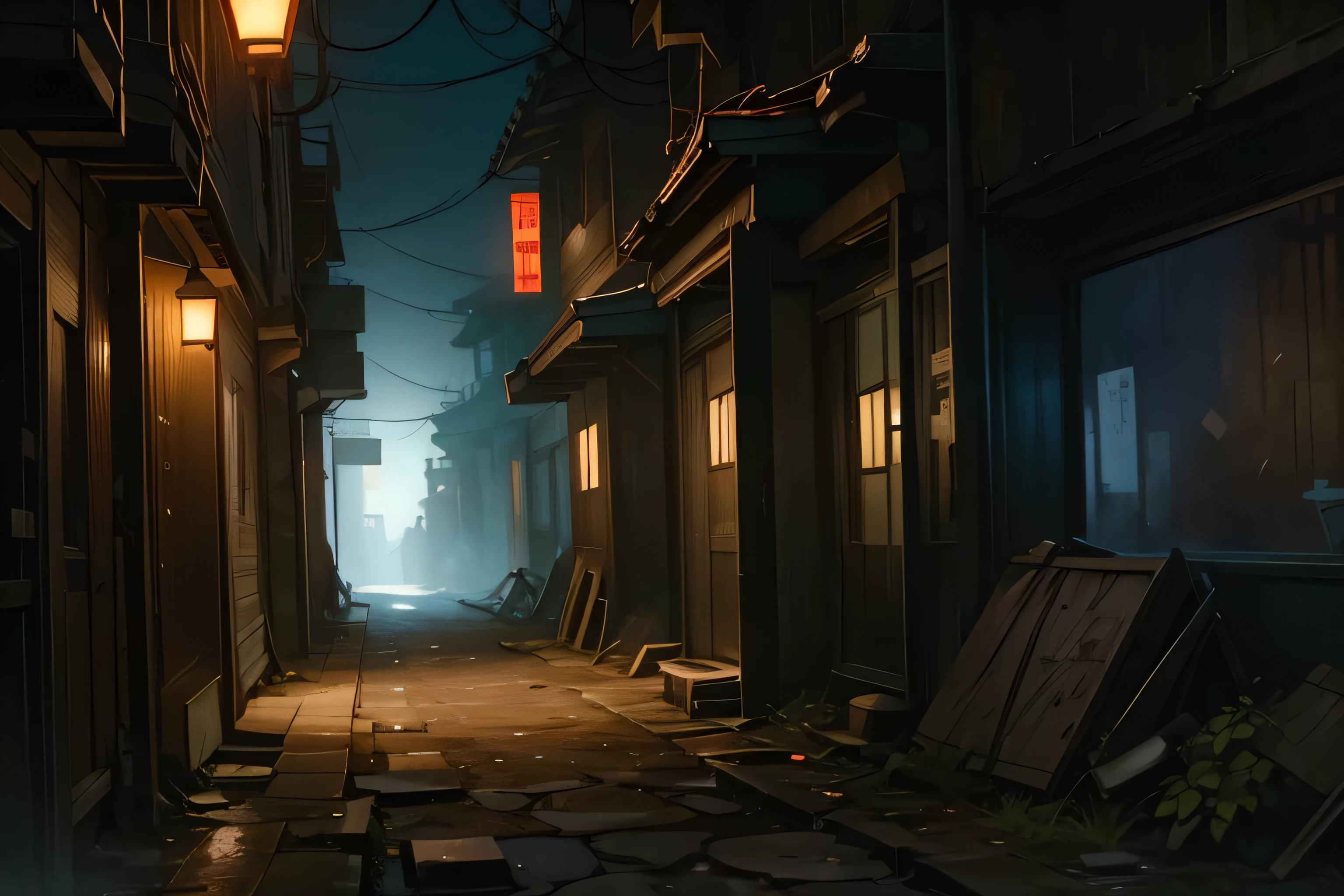 Abandoned alley at night, with a sense of ruin. Japanese style, (best quality, 4K, high resolution, masterpiece:1.2), Super detailed, Dark and moody lighting. Cobblestone pavement, dilapidated wooden building, and faded neon lights. desolate atmosphere，Vines，Garbage is scattered, Gives people a feeling of abandonment. Emphasize the narrowness of the alley, Shadows and dim areas enhance the eerie atmosphere.