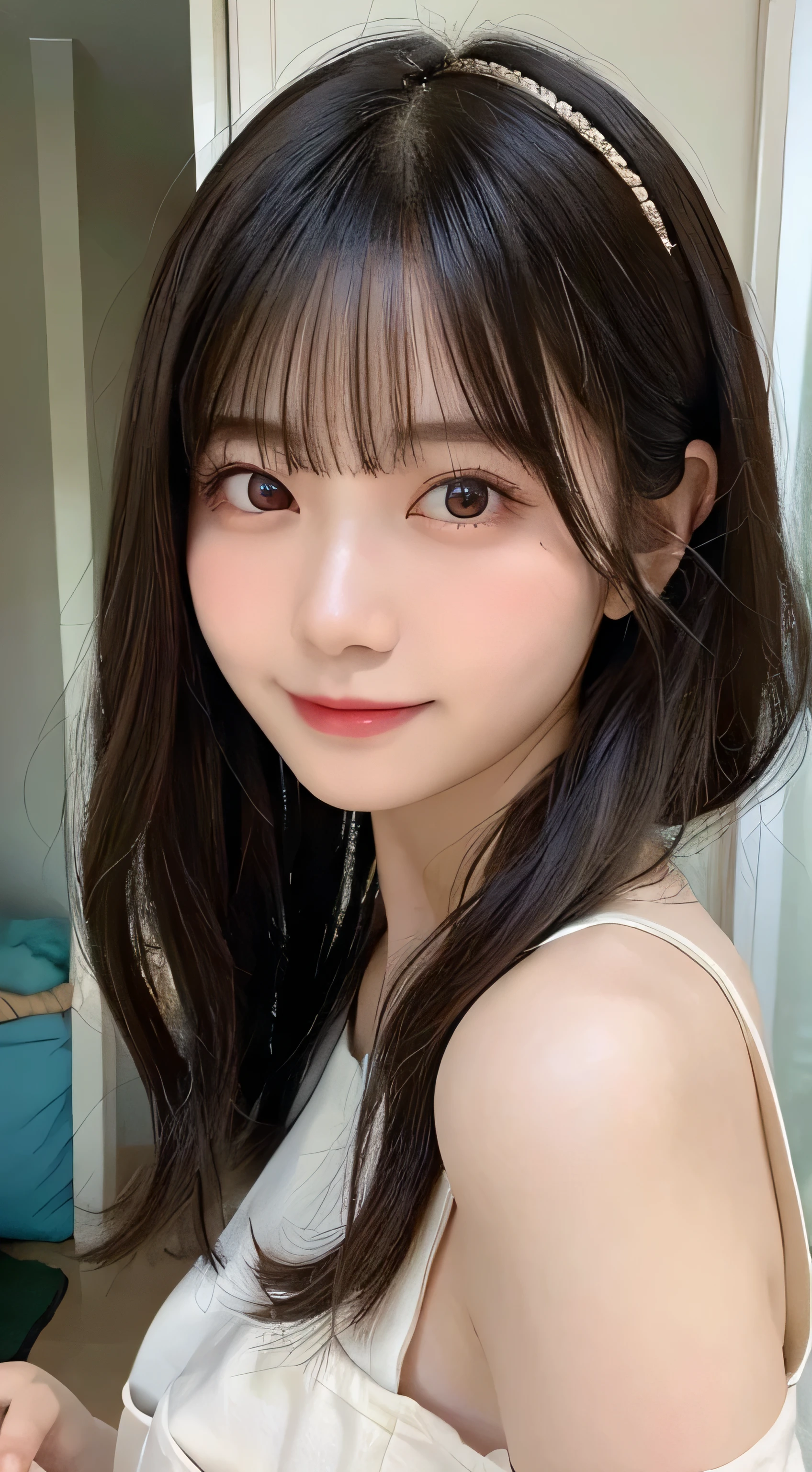 Skin texture natural、,The pores are、Must be detailed enough to be easy to identify。 Skin should look healthy with even tones。 Use natural light and color,女の子1人,japanes,22year old,kawaii,A dark-haired,ポニーテール,smil,Looking at the camera,SEA,水着ビキニ、ハイレグ